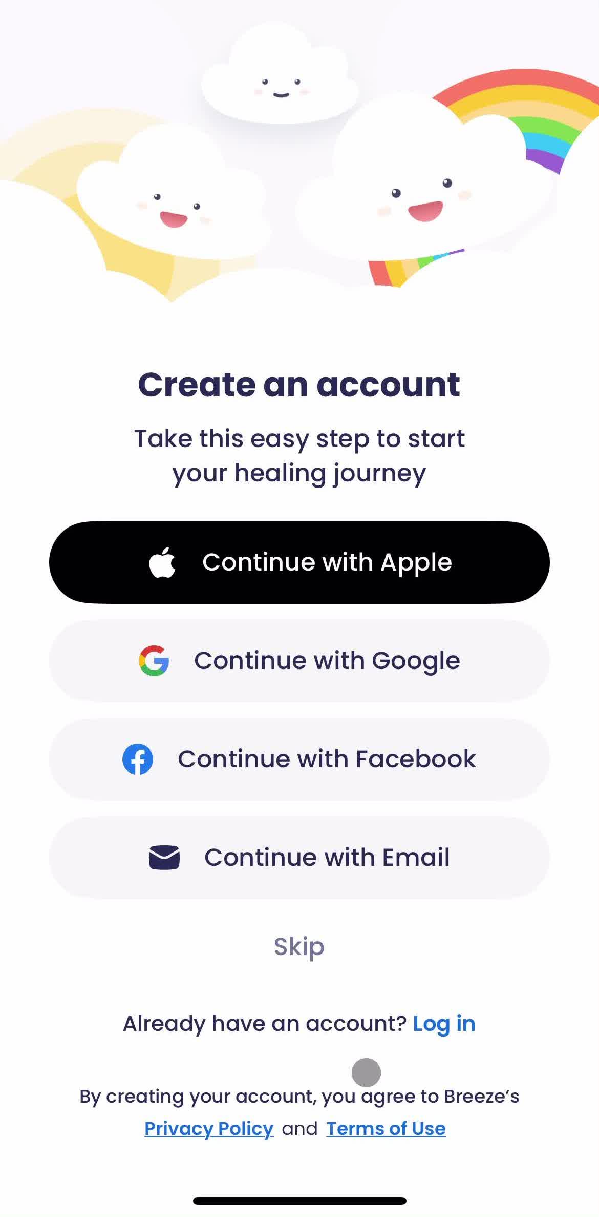 Breeze Create account screen in the Logging In flow