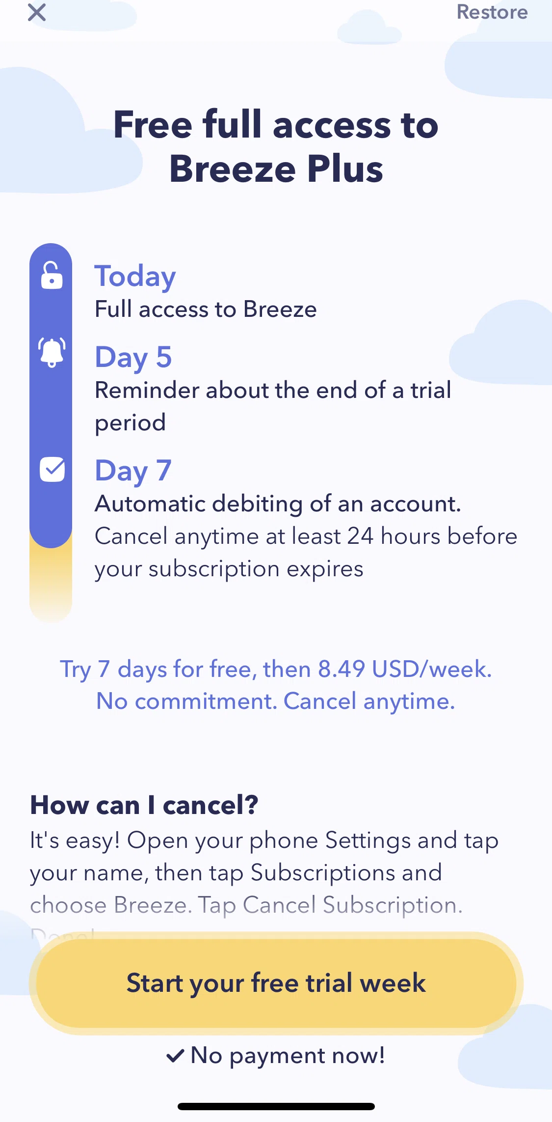 Breeze Screen screen in the Subscribing to premium flow