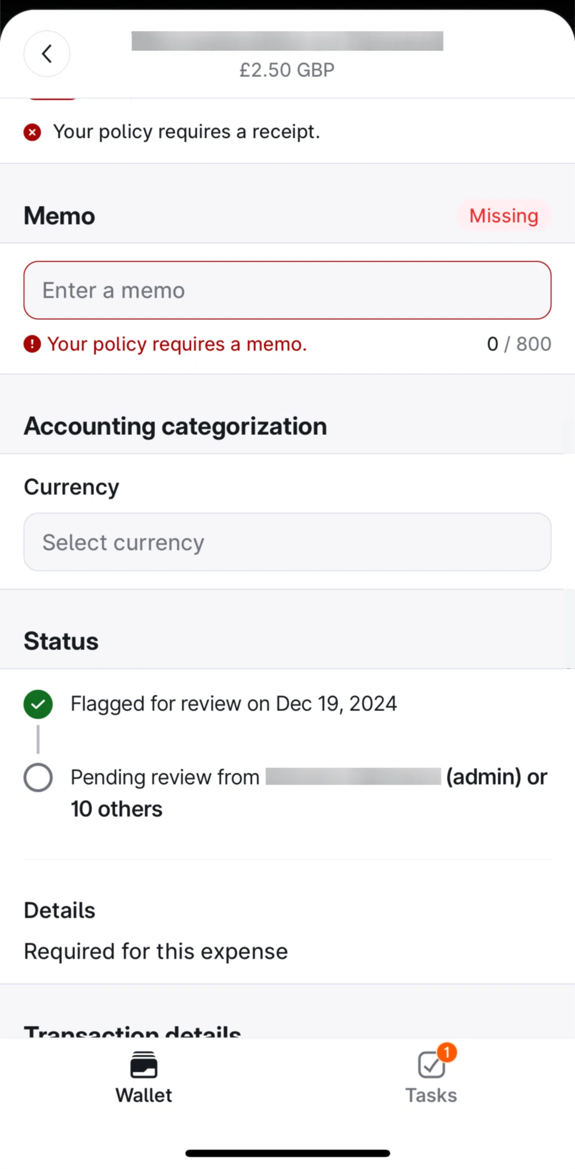 Brex Screen screen in the Adding a memo flow