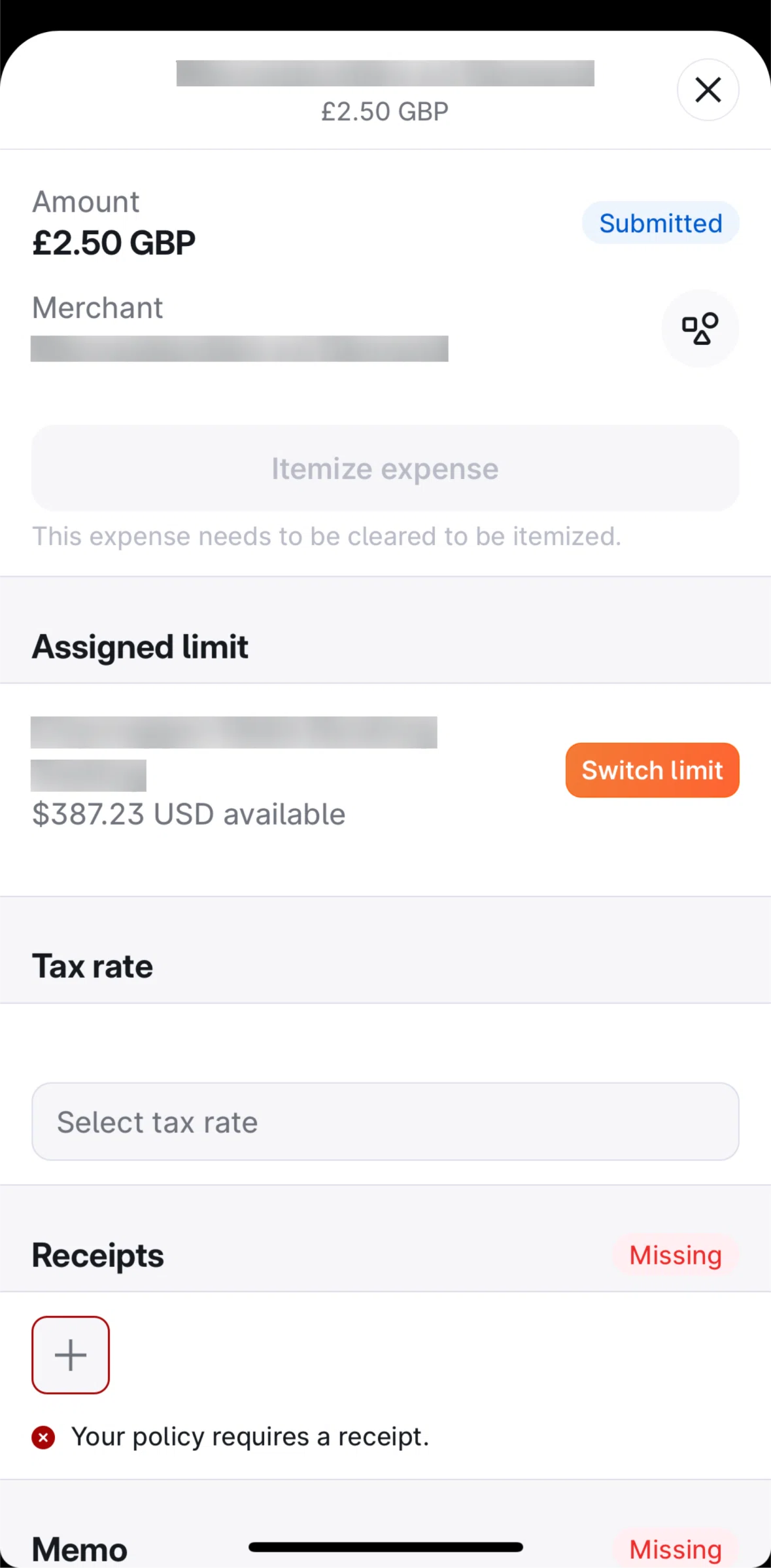 Brex Screen screen in the Adding a receipt flow