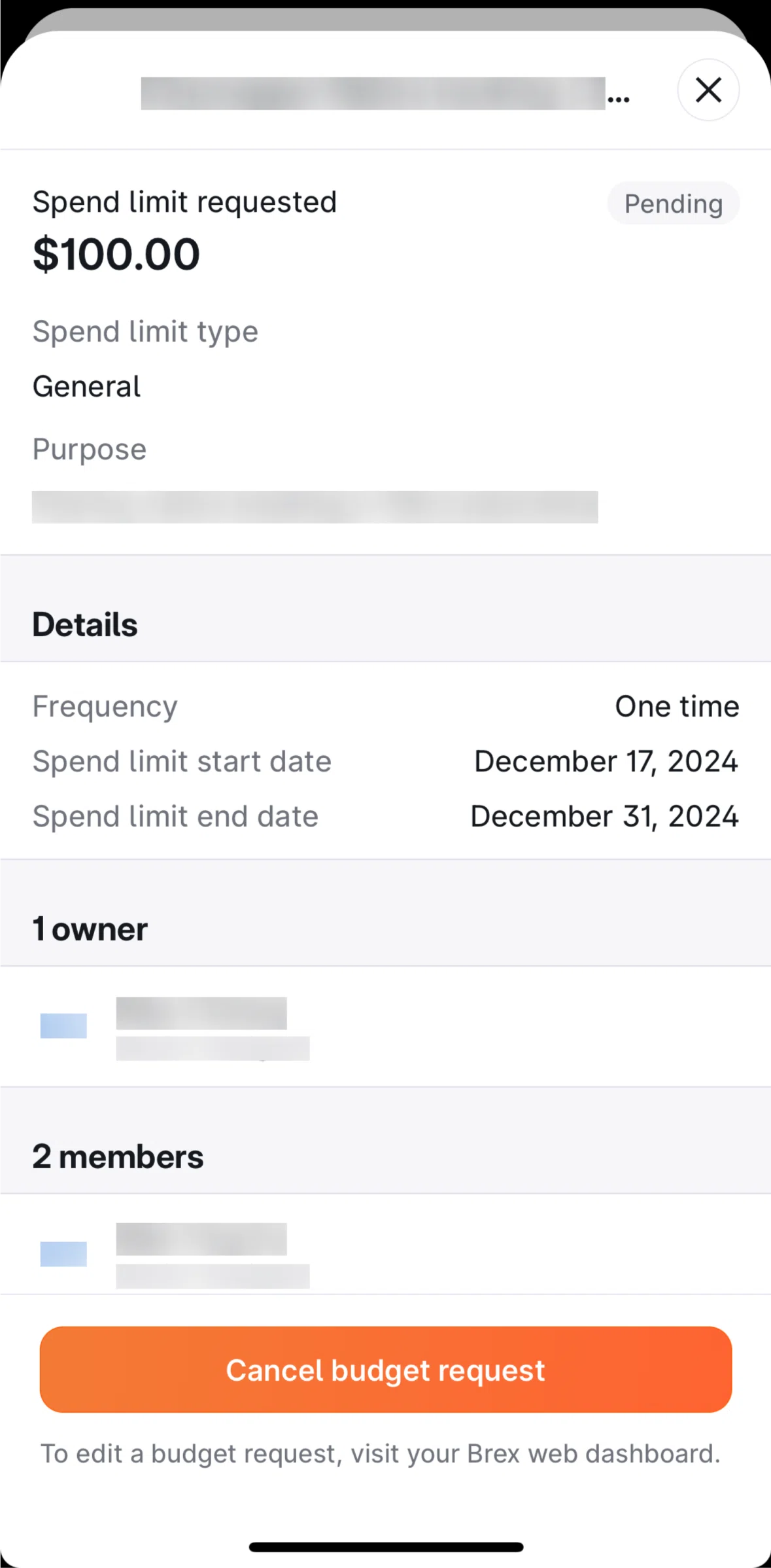 Brex Screen screen in the Canceling a budget request flow