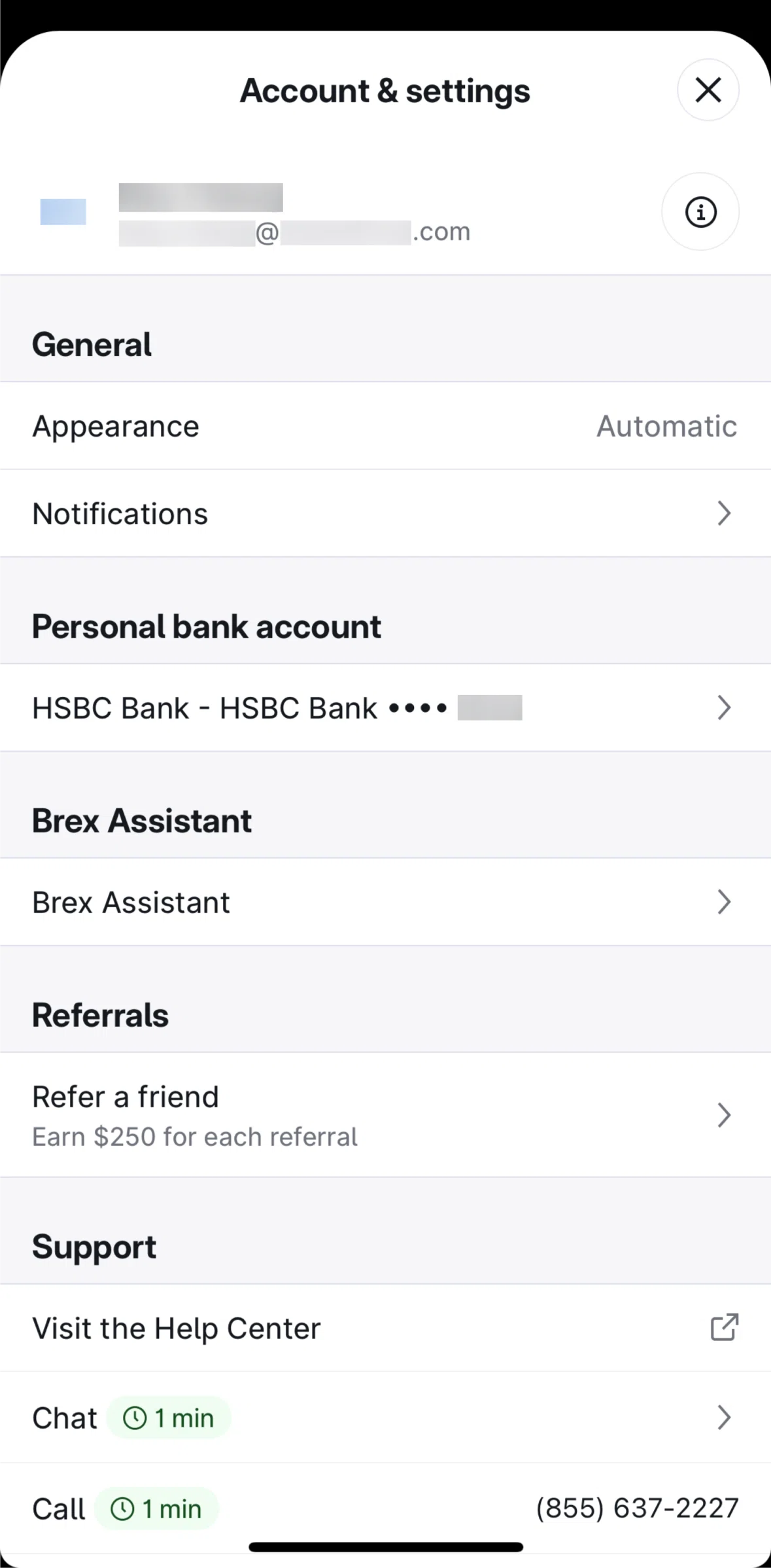 Brex Screen screen in the Disconnect a bank account flow