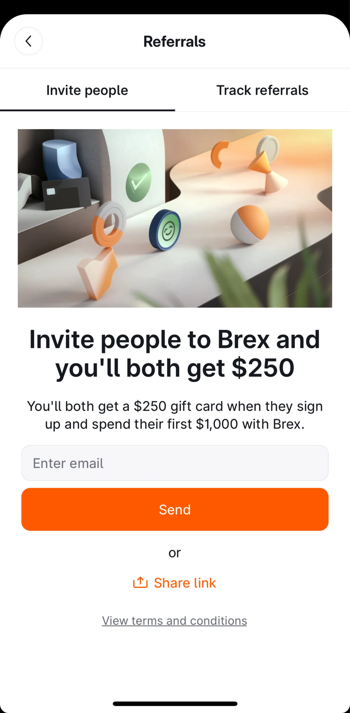 Brex Screen screen in the Inviting a referral flow