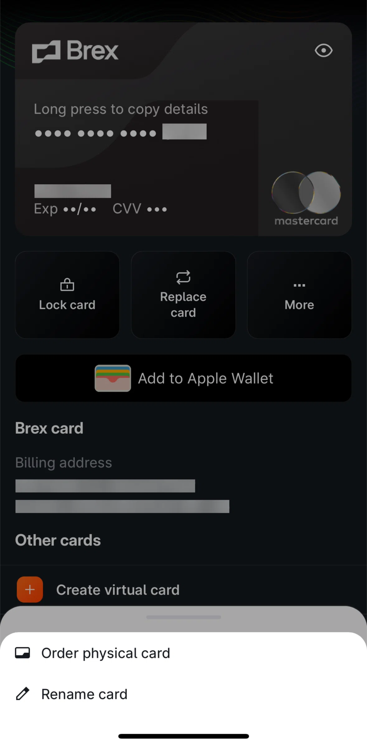 Brex Screen screen in the Order physical card flow