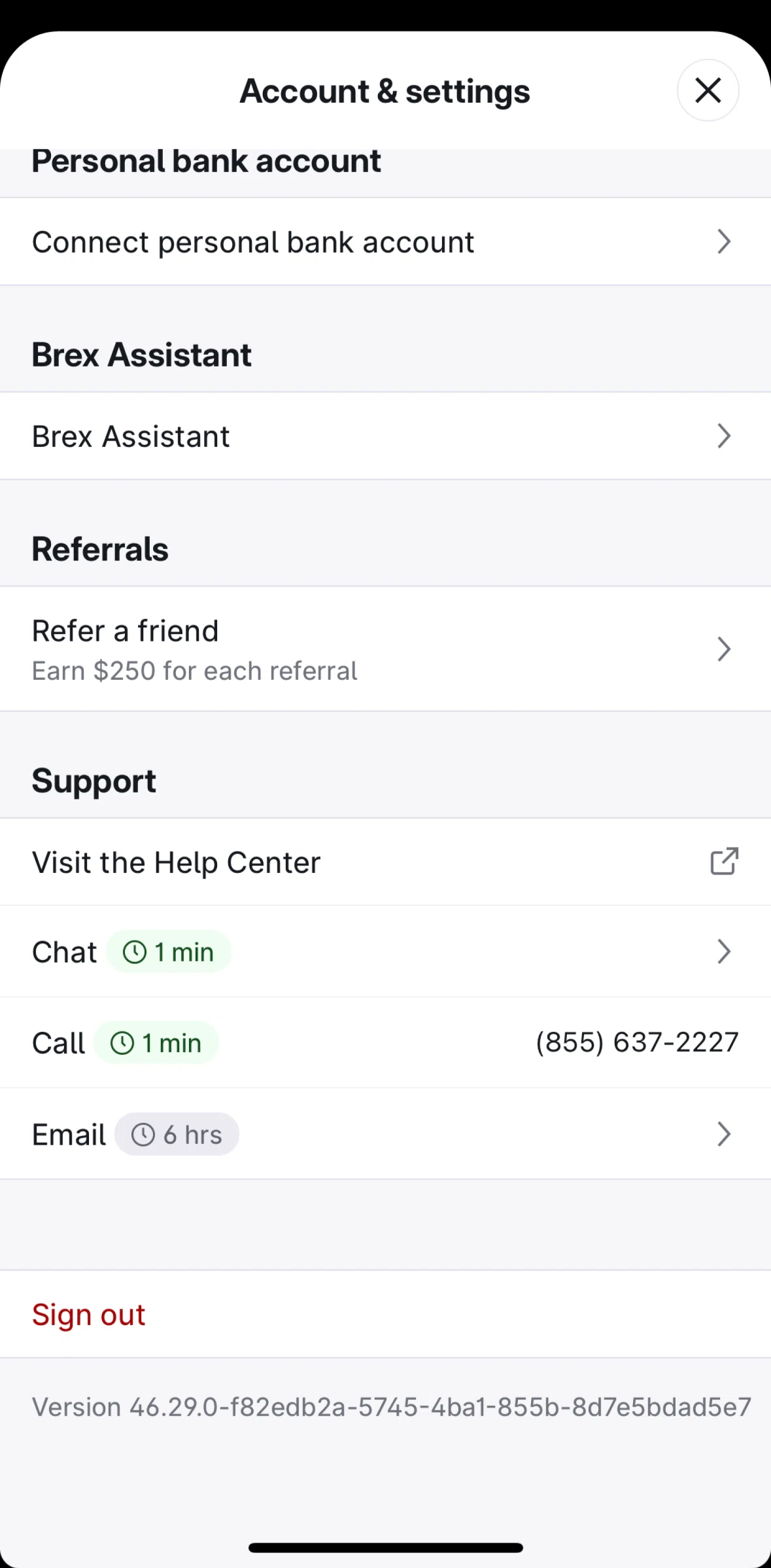Brex Screen screen in the Send an email to support flow