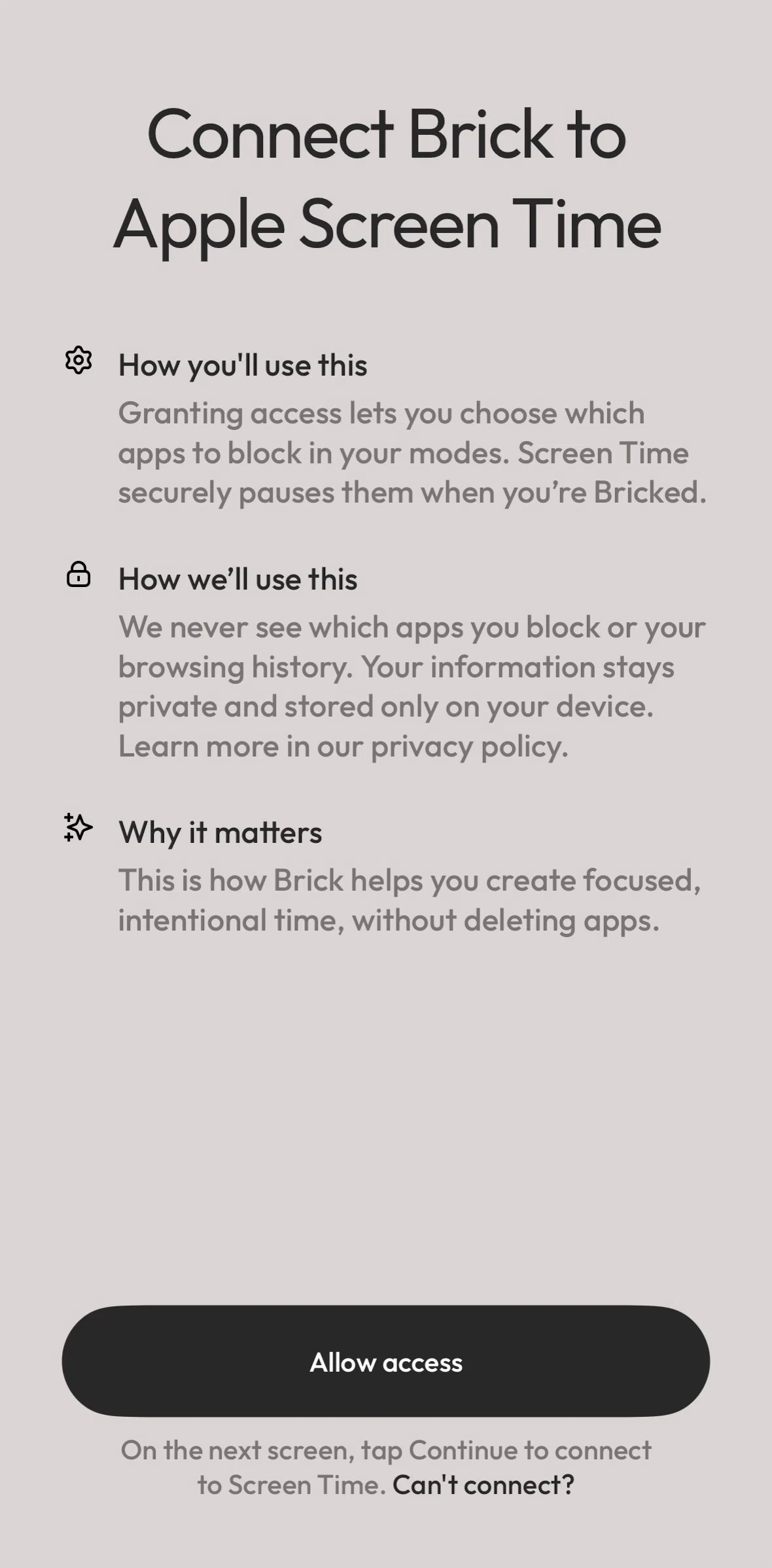 Brick Screen screen in the Creating a mode (onboarding) flow