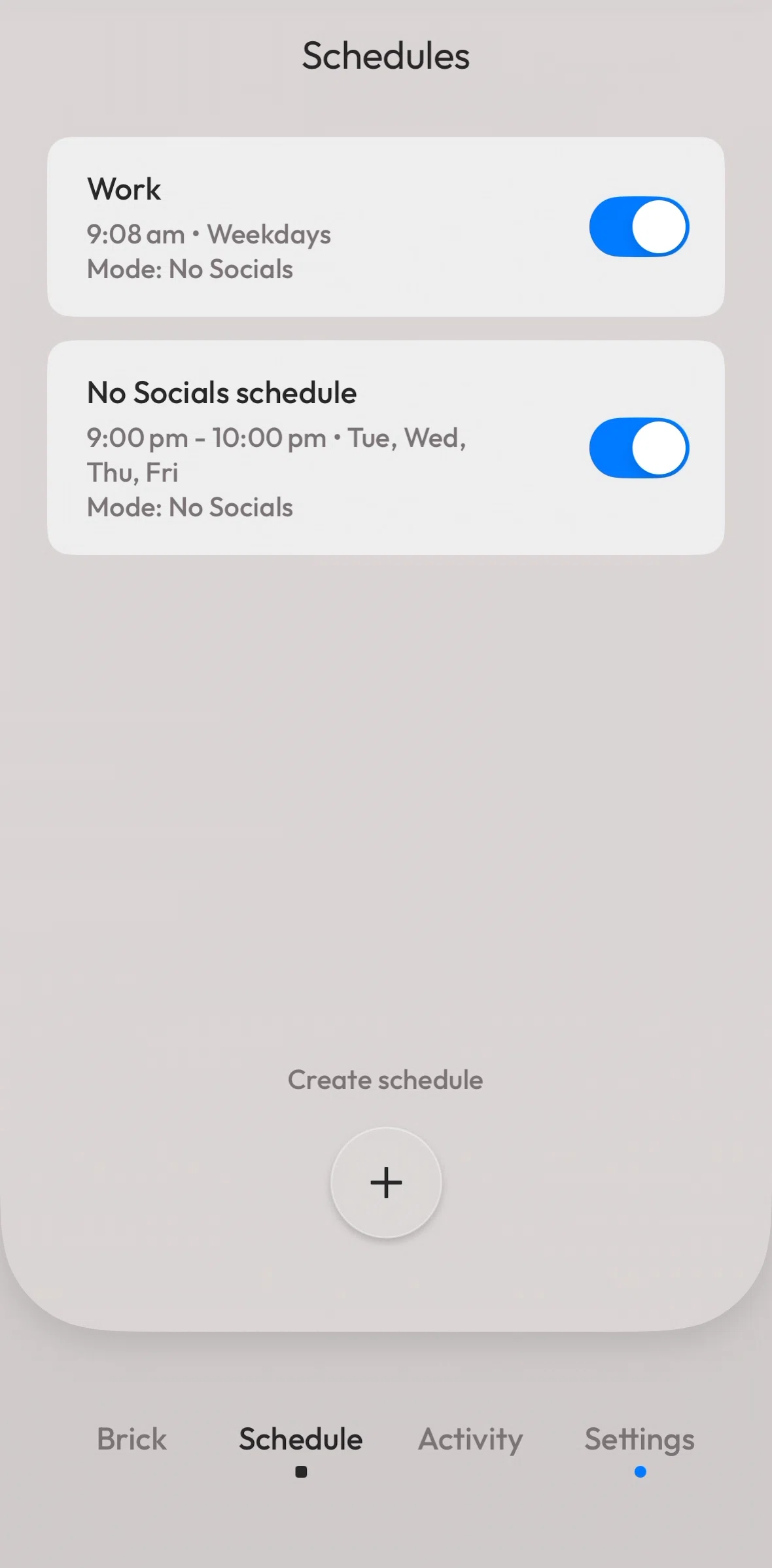 Brick Screen screen in the Editing a schedule flow