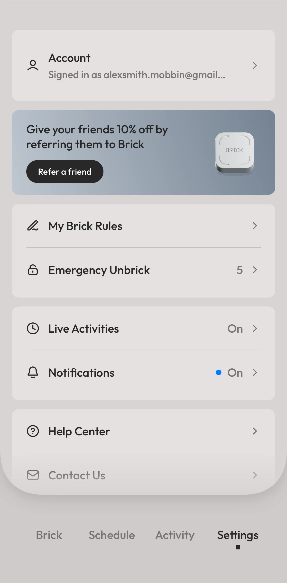 Brick Screen screen in the My brick rules flow
