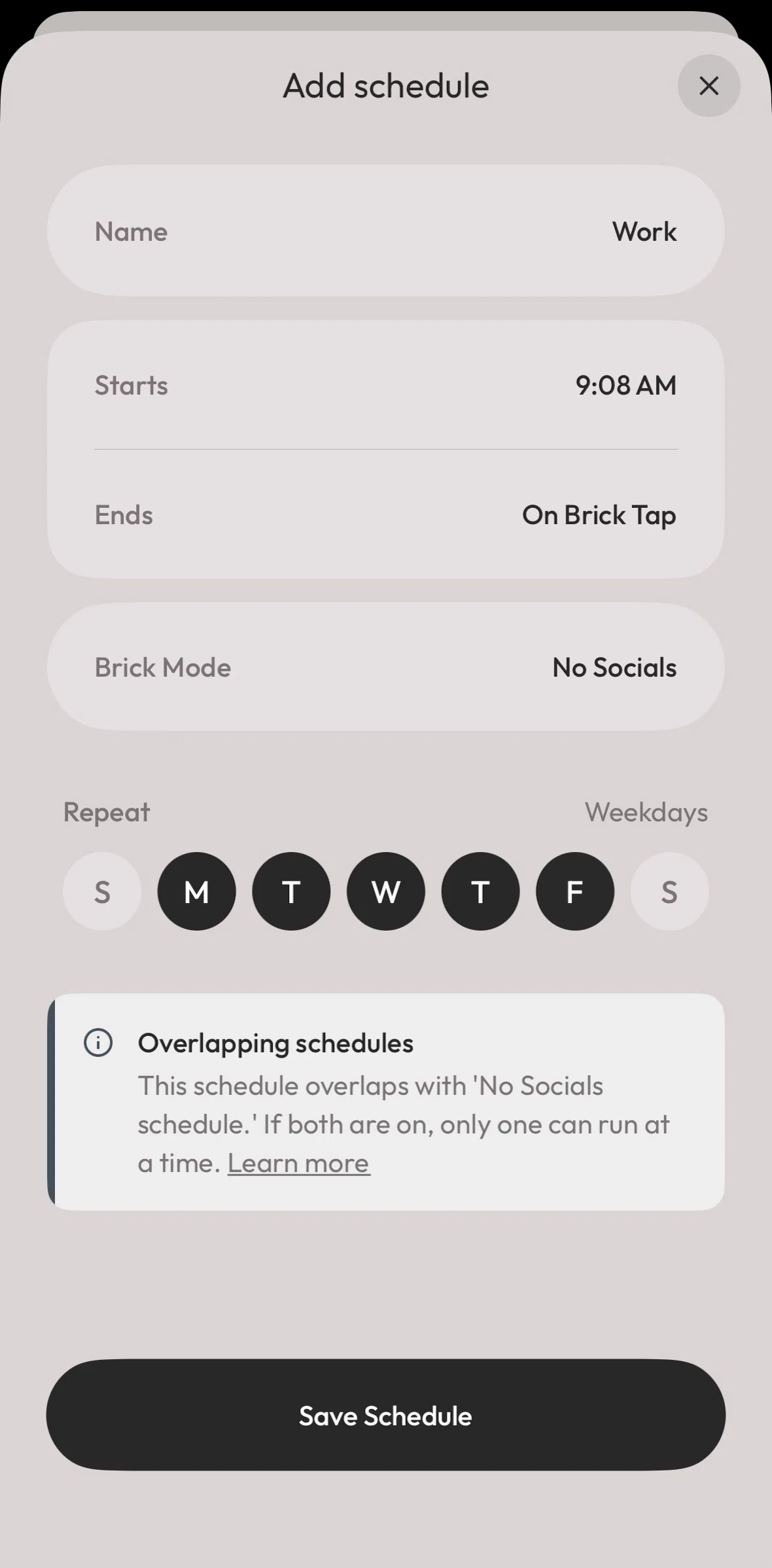 Brick Screen screen in the Overlapping schedules information flow