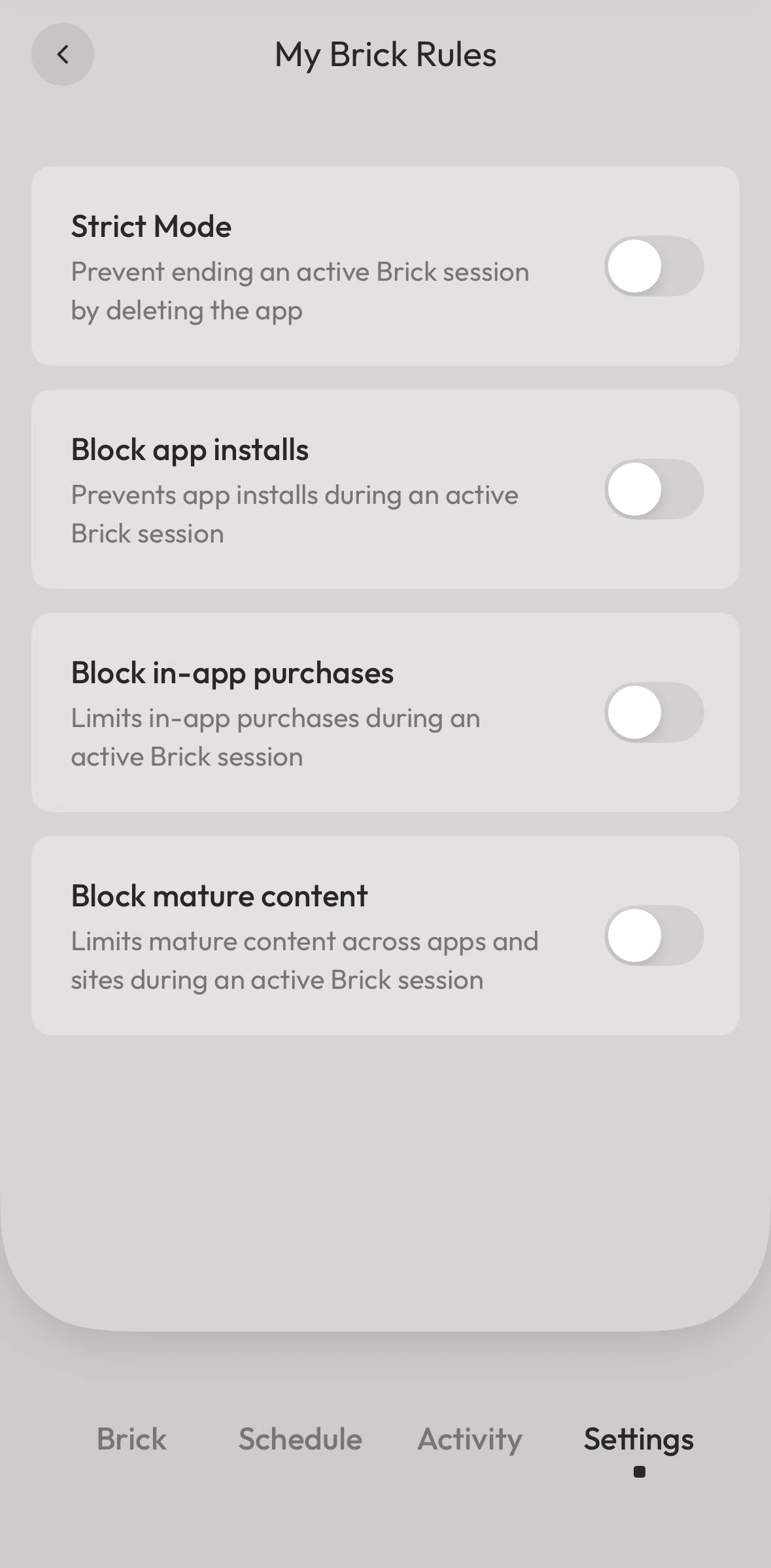 Brick Screen screen in the Turning on strict mode flow