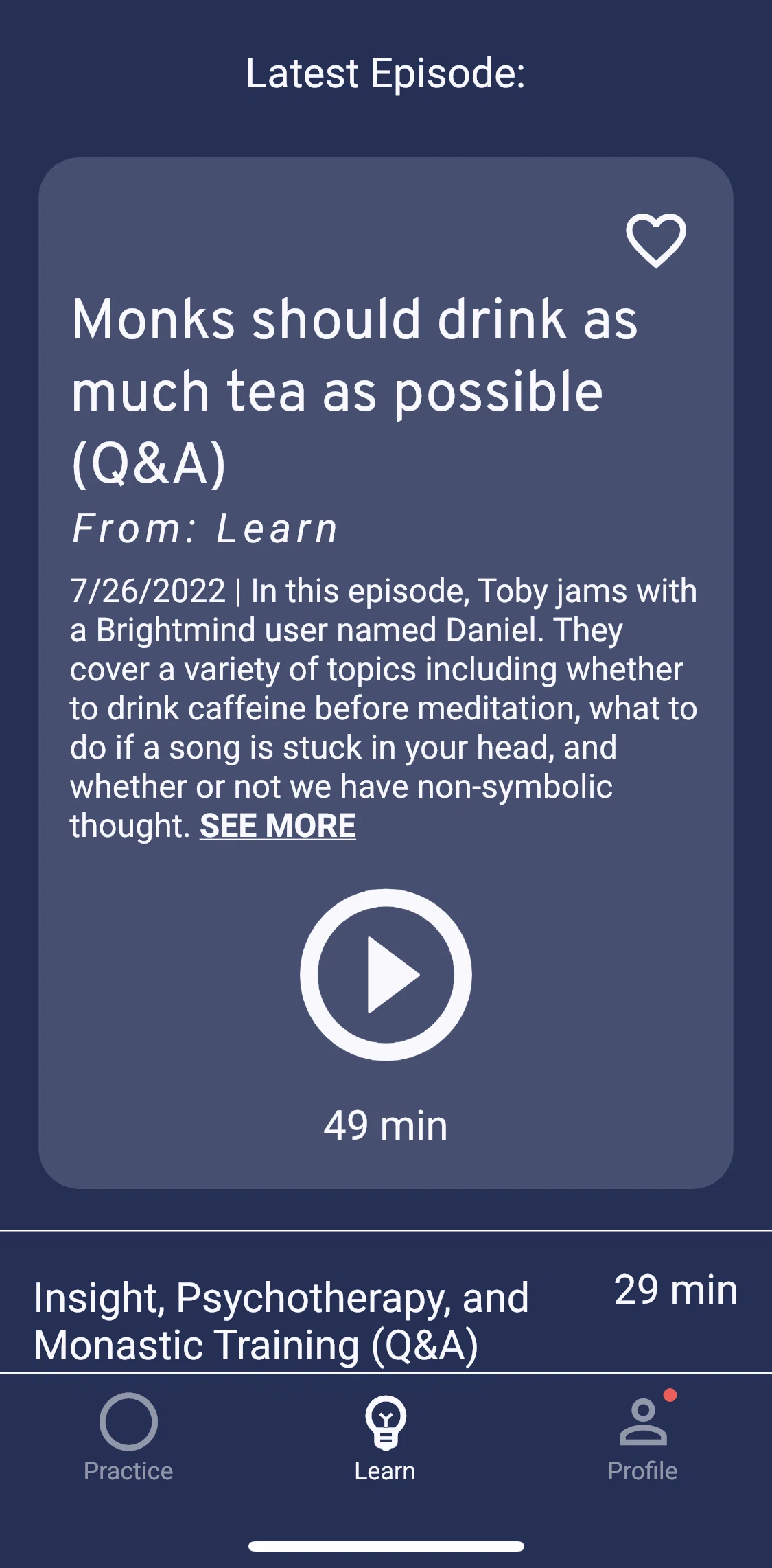 Brightmind Screen screen in the Completing a latest QnA episode flow