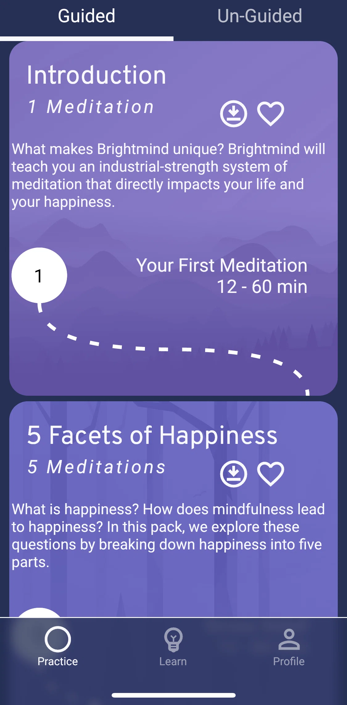 Brightmind Screen screen in the Downloading a meditation pack flow