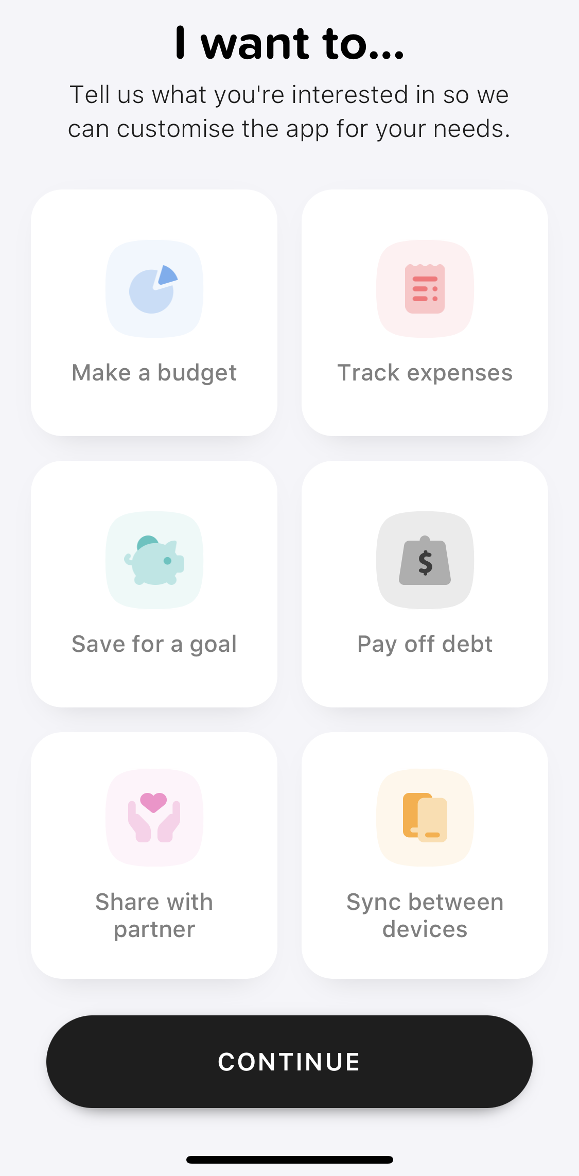 Buddy Budget Select goal screen in the General Browsing flow
