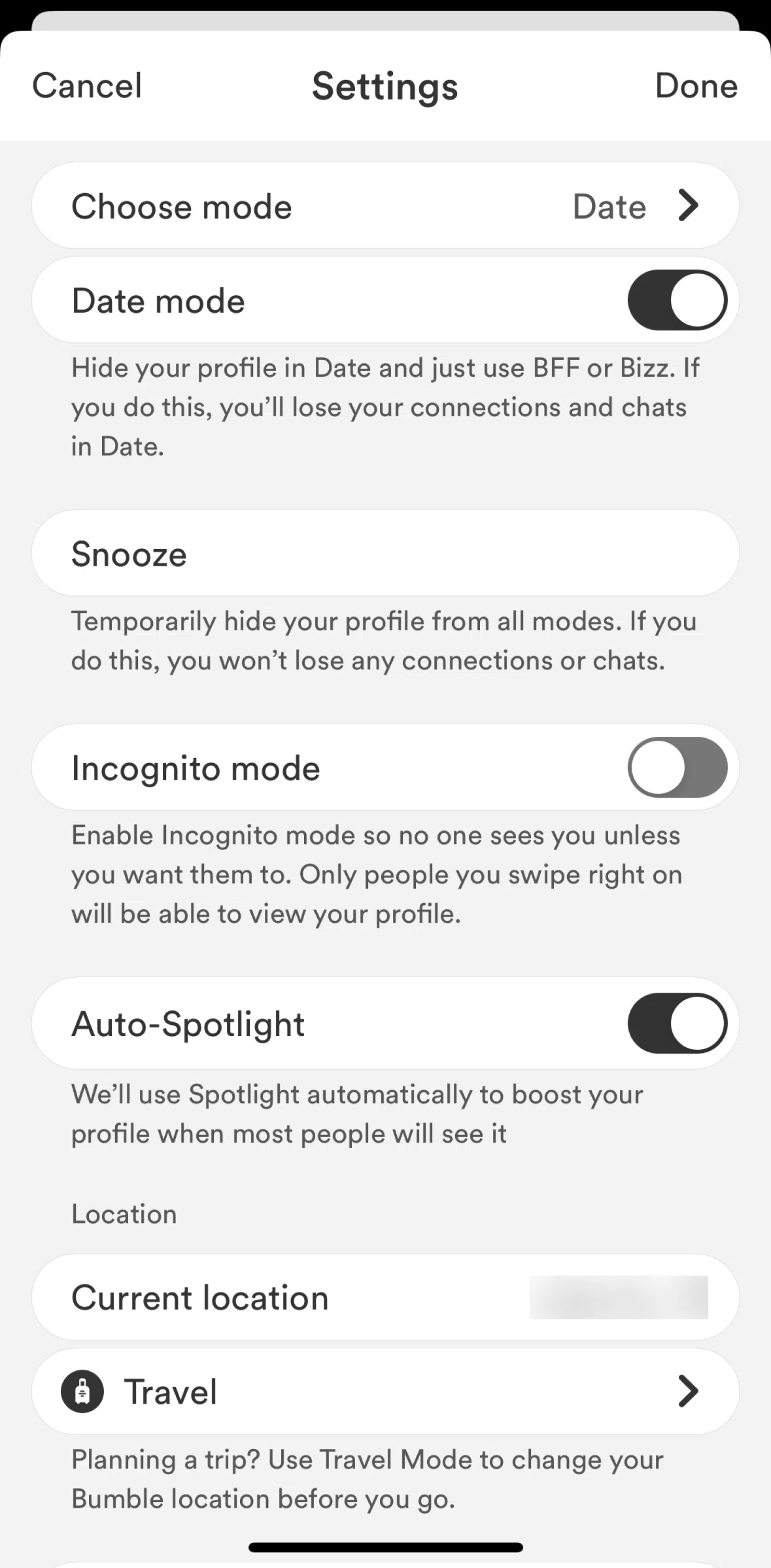 Bumble Screen screen in the Activating snooze mode flow