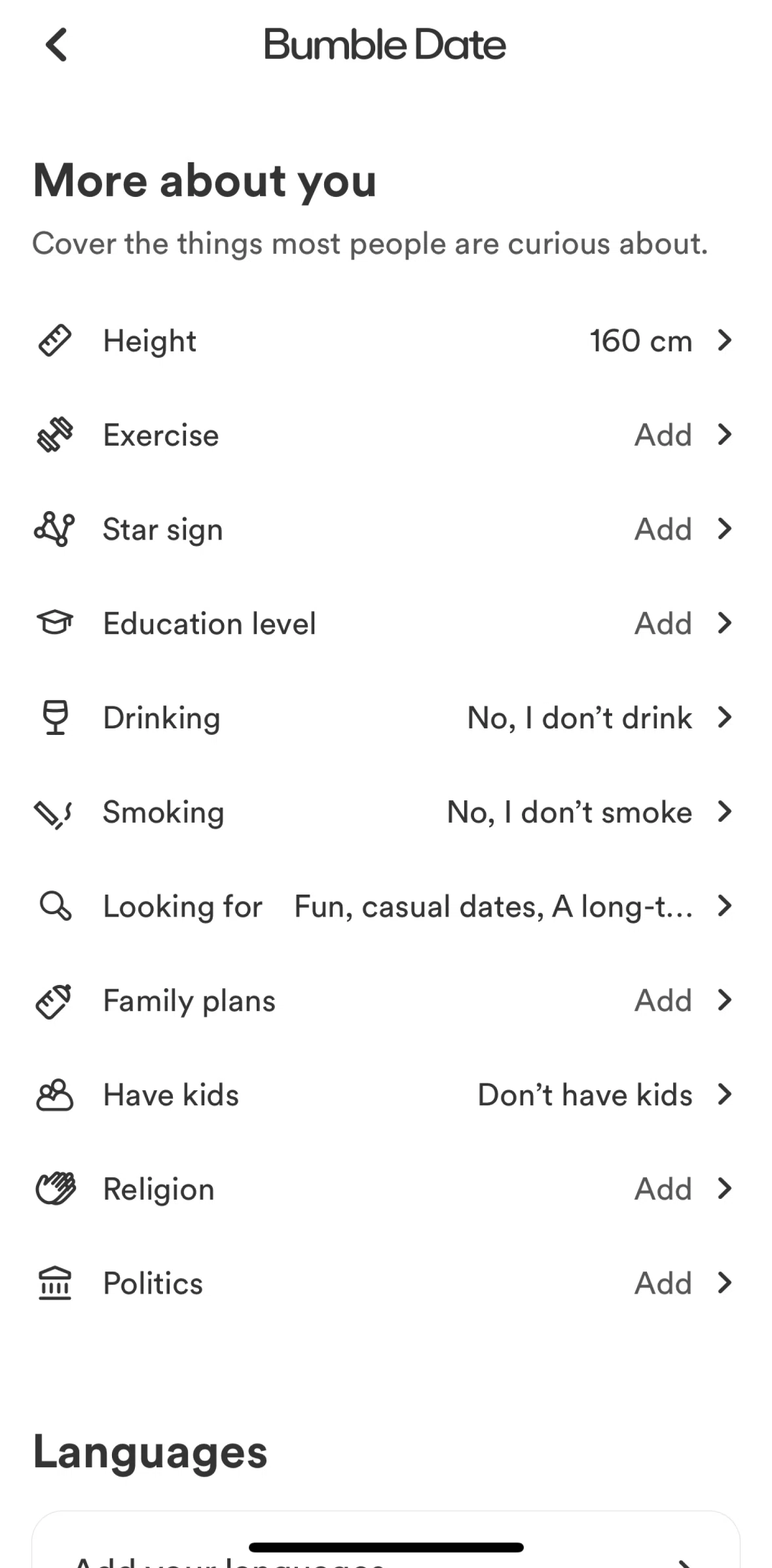 Bumble Screen screen in the Adding more info about me flow