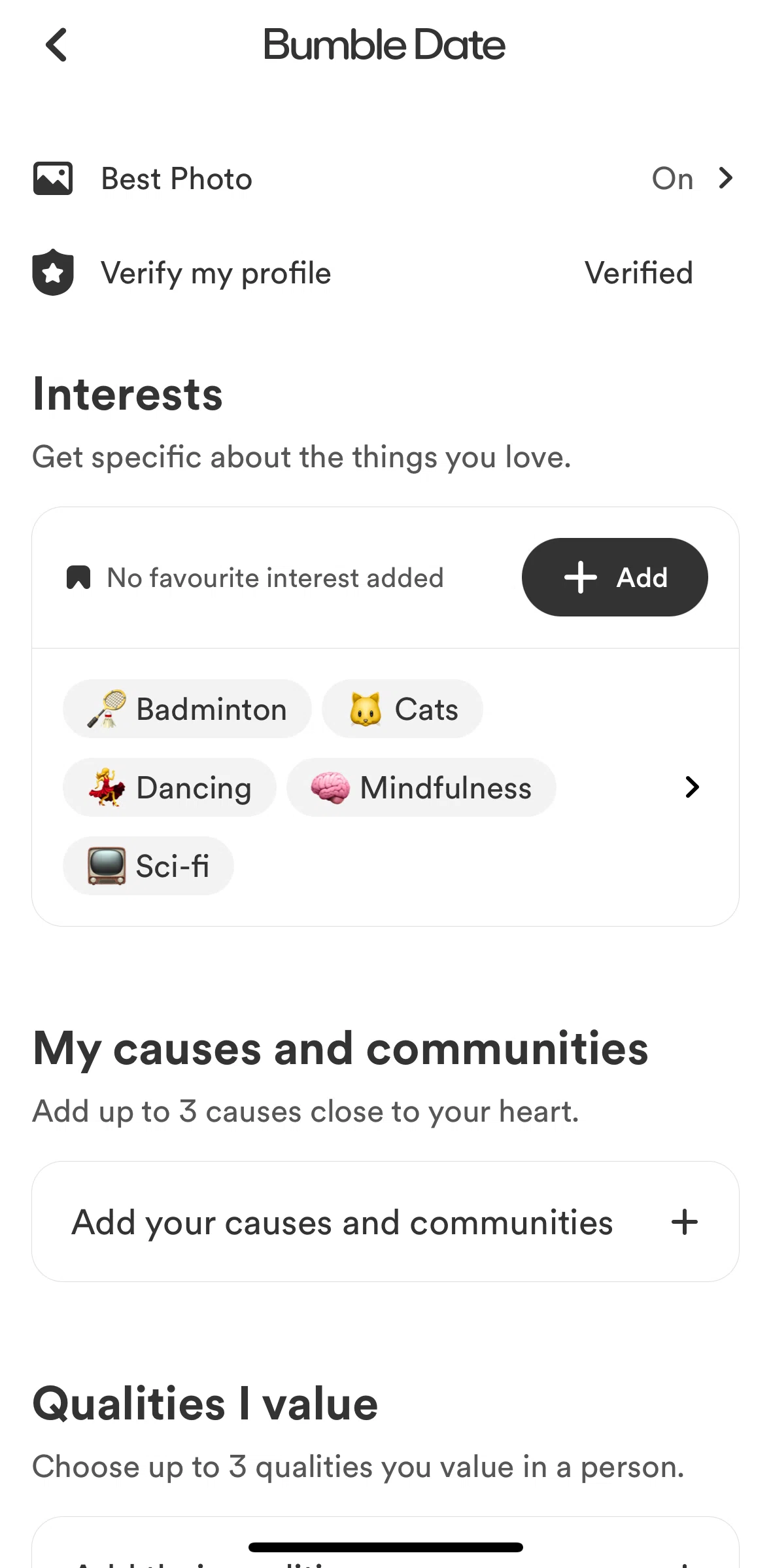 Bumble Screen screen in the Choosing a favourite interest flow