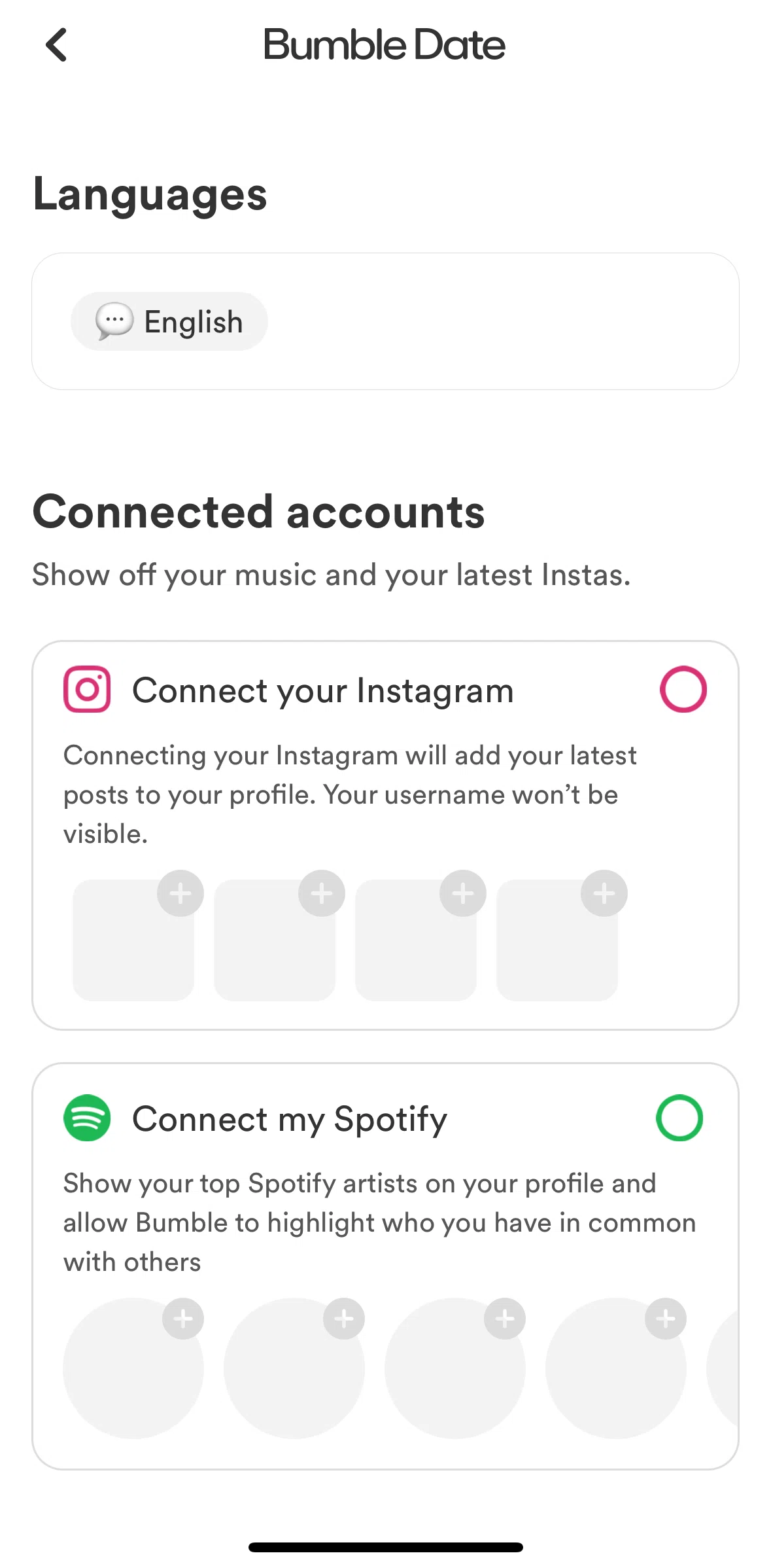 Bumble Screen screen in the Connecting to Instagram account flow