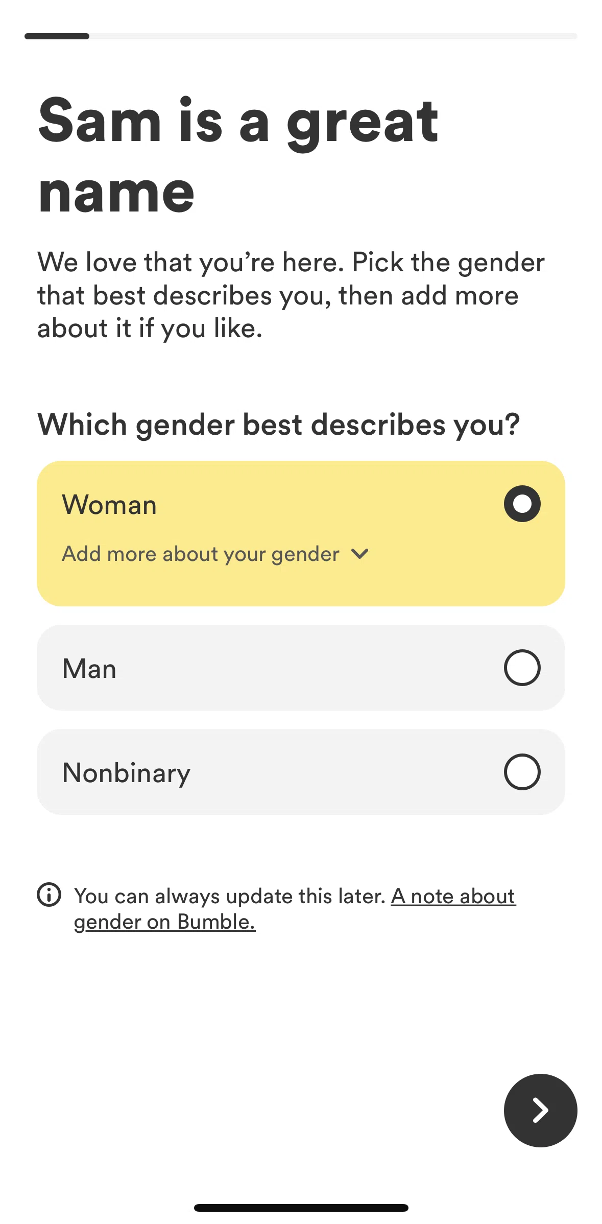 Bumble Screen screen in the Gender on Bumble flow