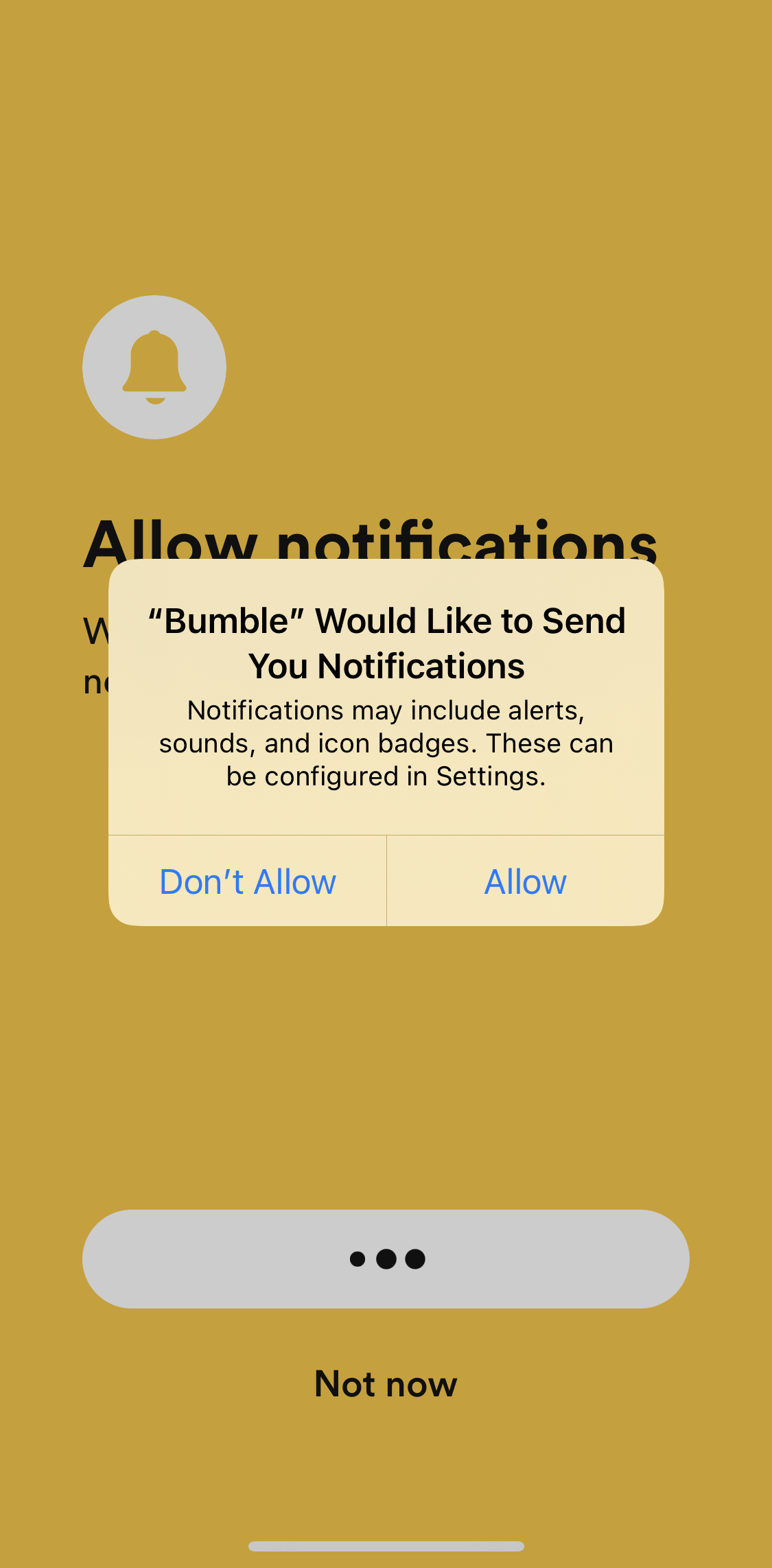 Bumble Enable notifications screen in the Onboarding flow