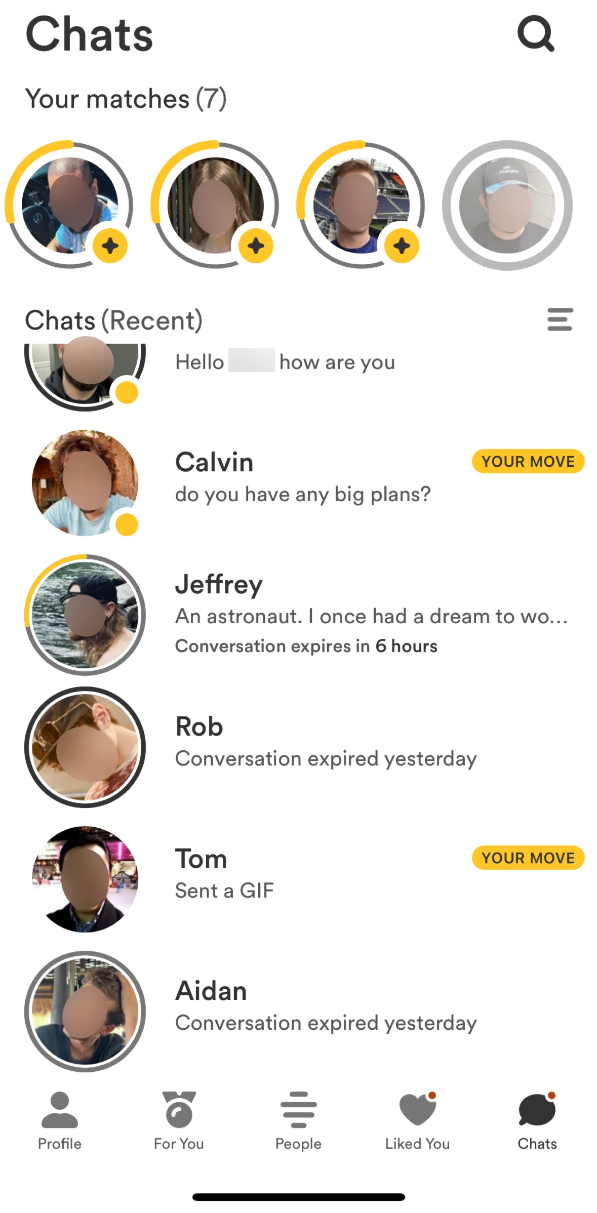 Bumble Screen screen in the Rematching with a user flow