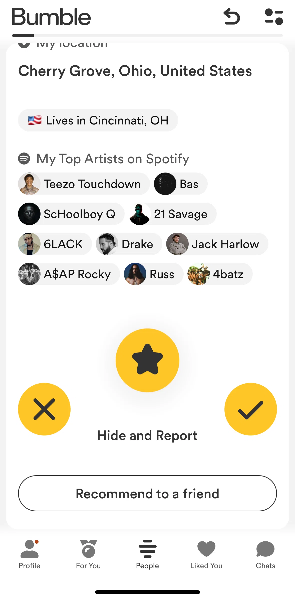 Bumble Screen screen in the Reporting a user flow