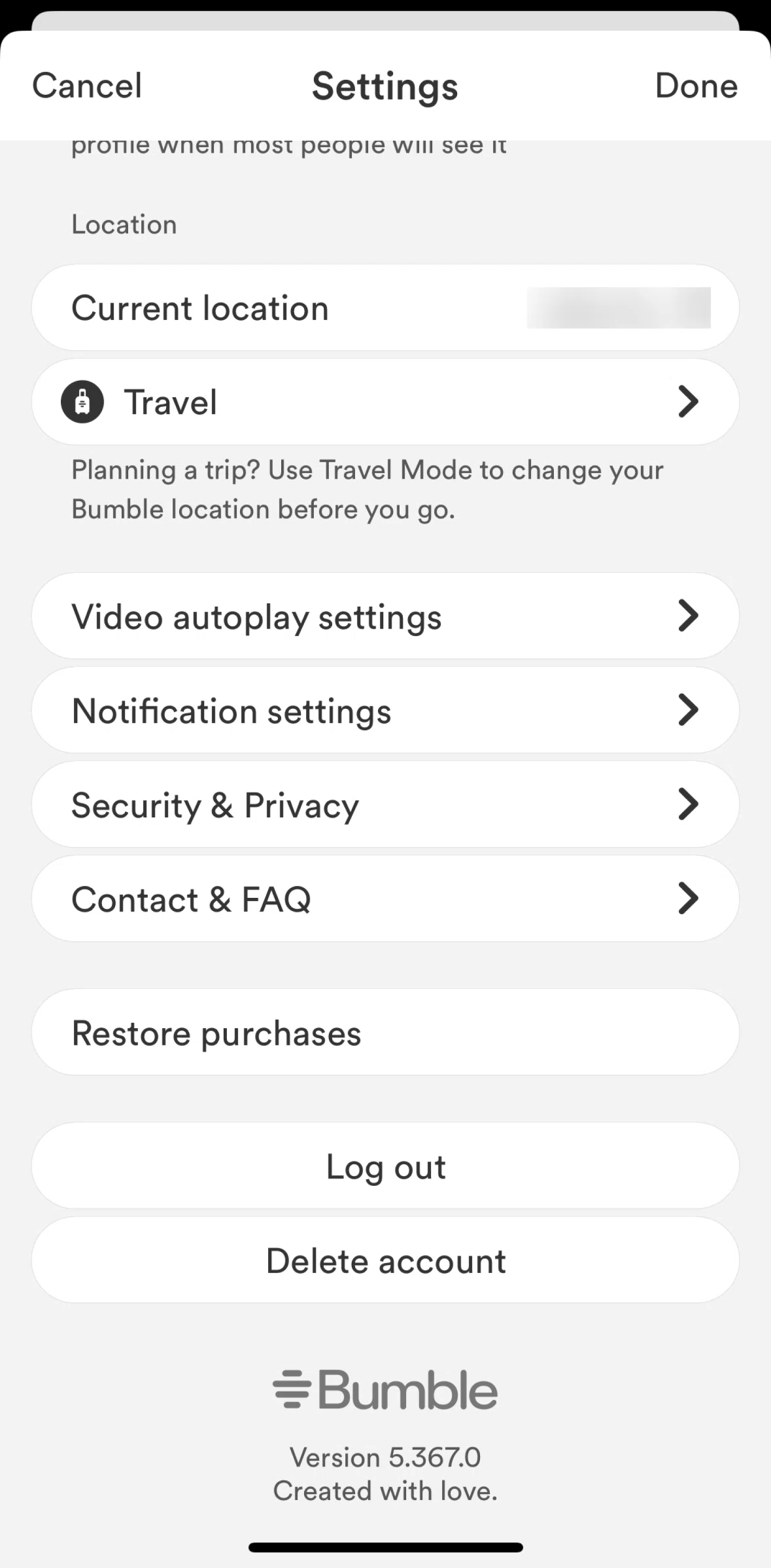 Bumble Screen screen in the Security and privacy flow