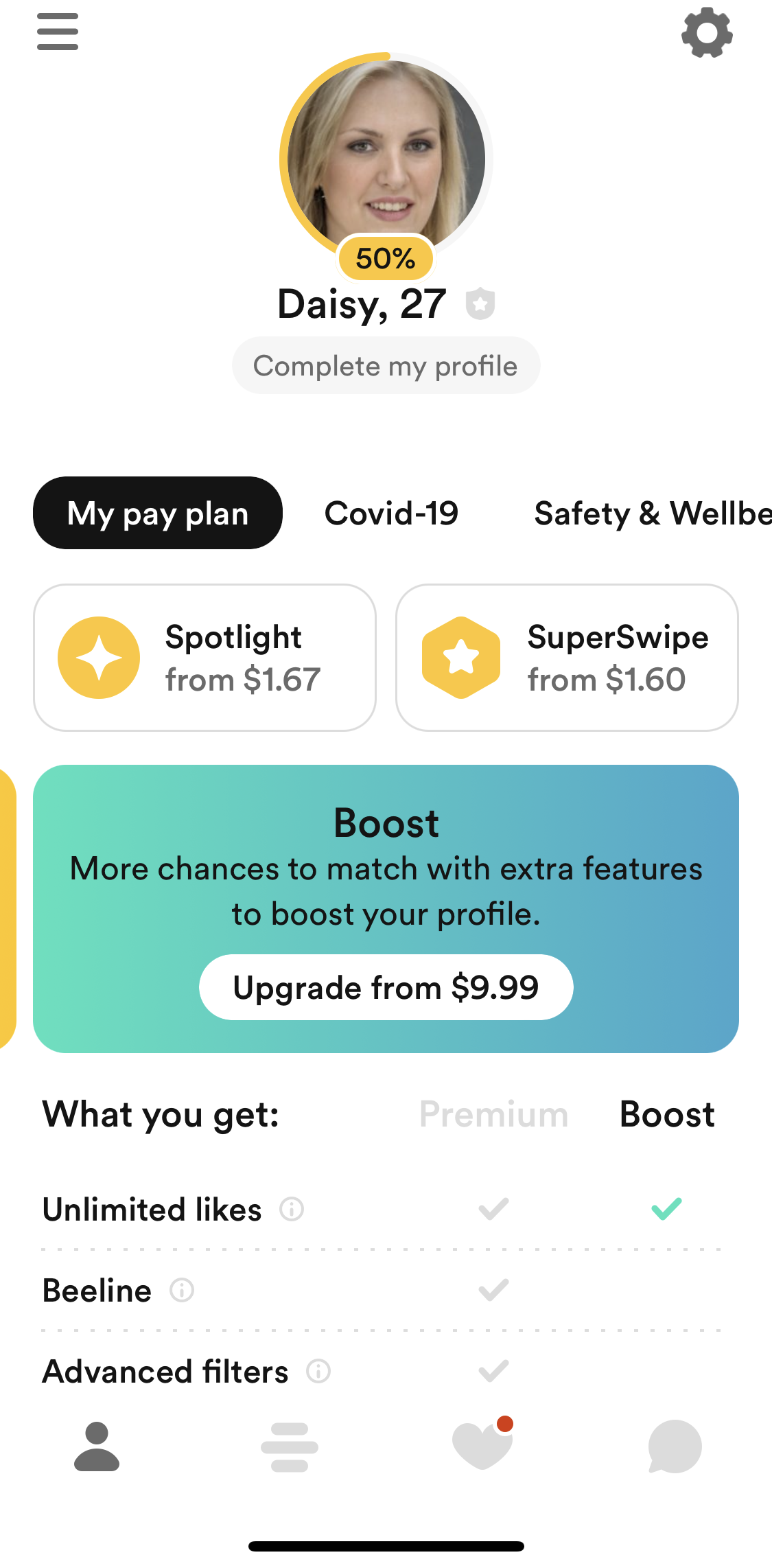 Bumble Account screen in the Upgrading Your Account flow
