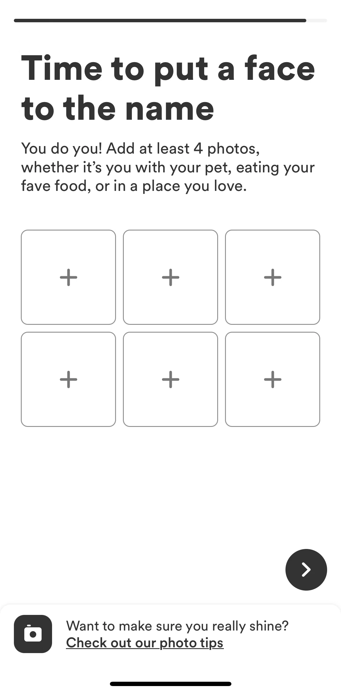 Bumble Screen screen in the Uploading photos flow