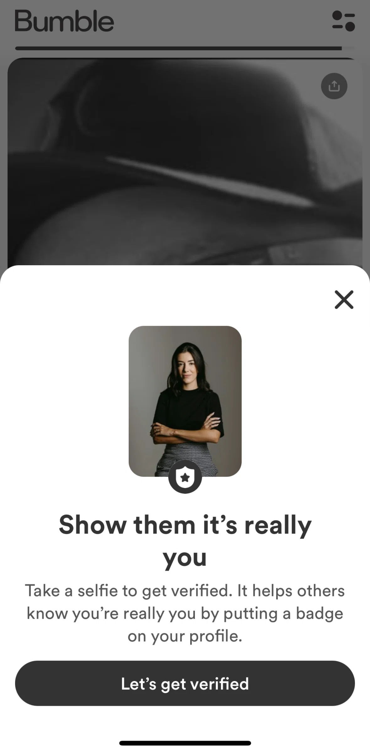 Bumble Screen screen in the Verifying my profile flow