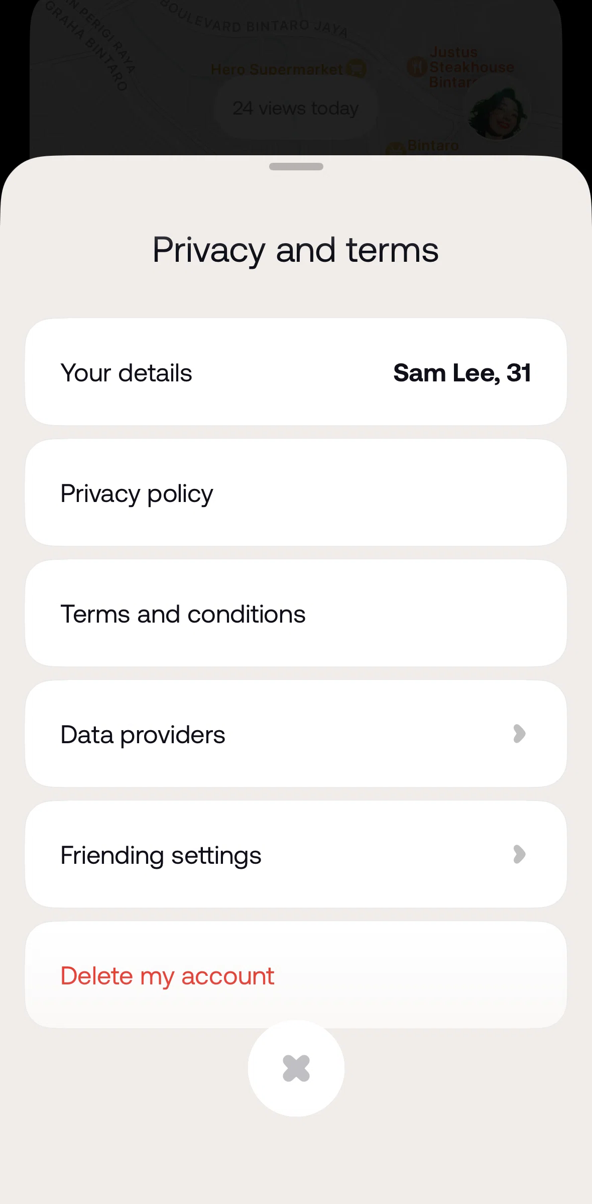 Bump Screen screen in the Deleting account flow