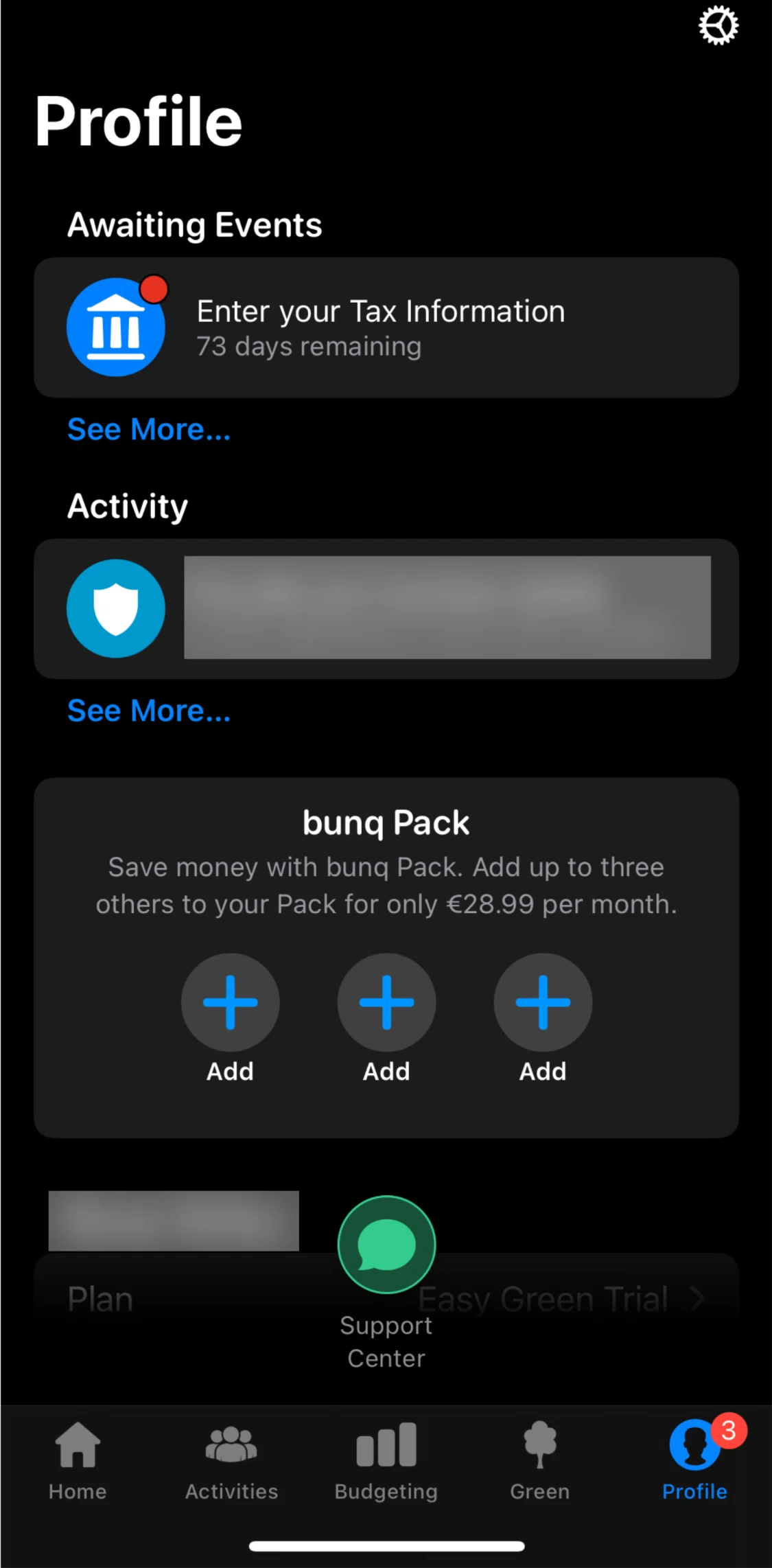bunq Screen screen in the Activity flow