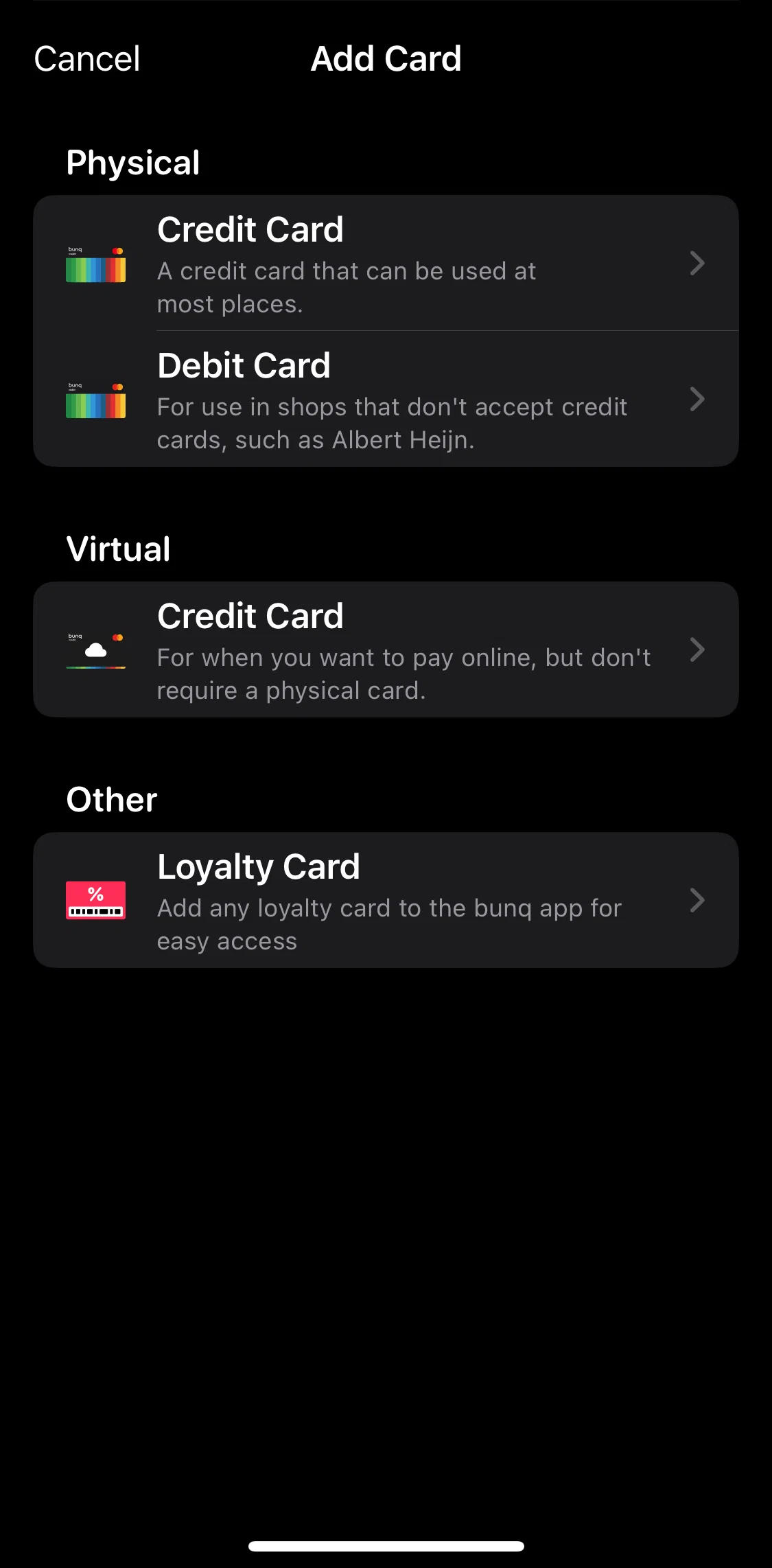 bunq Screen screen in the Adding a loyalty card flow