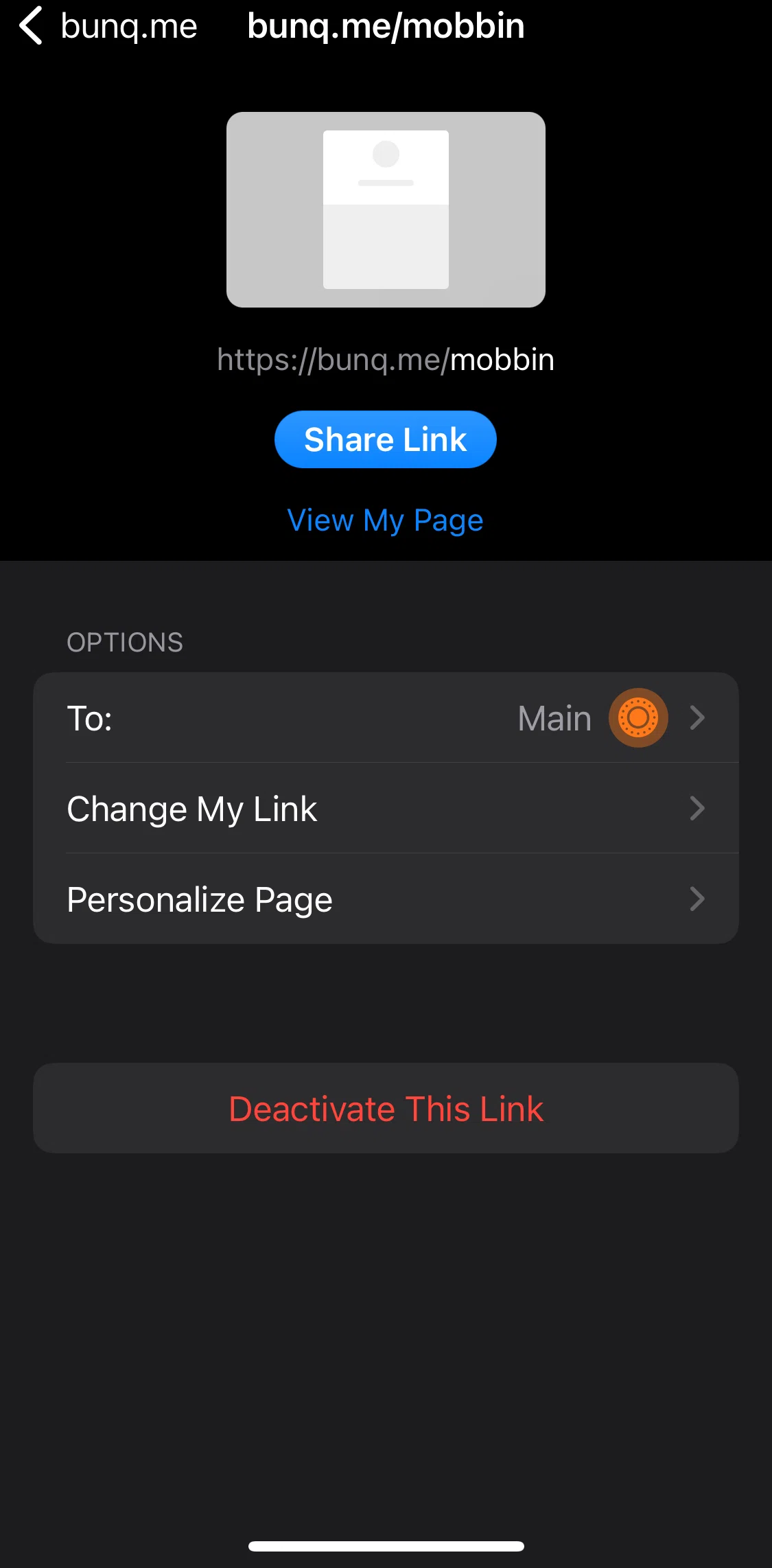 bunq Screen screen in the Changing my link flow
