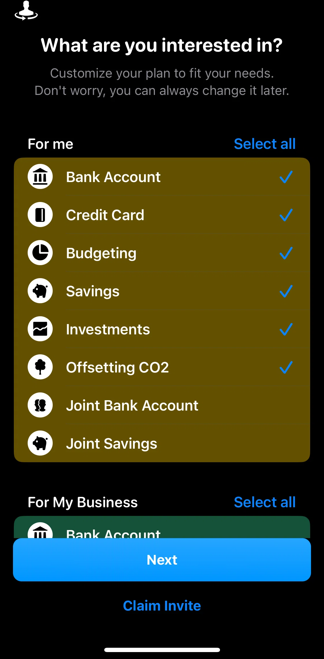 bunq Screen screen in the Claiming an invite flow