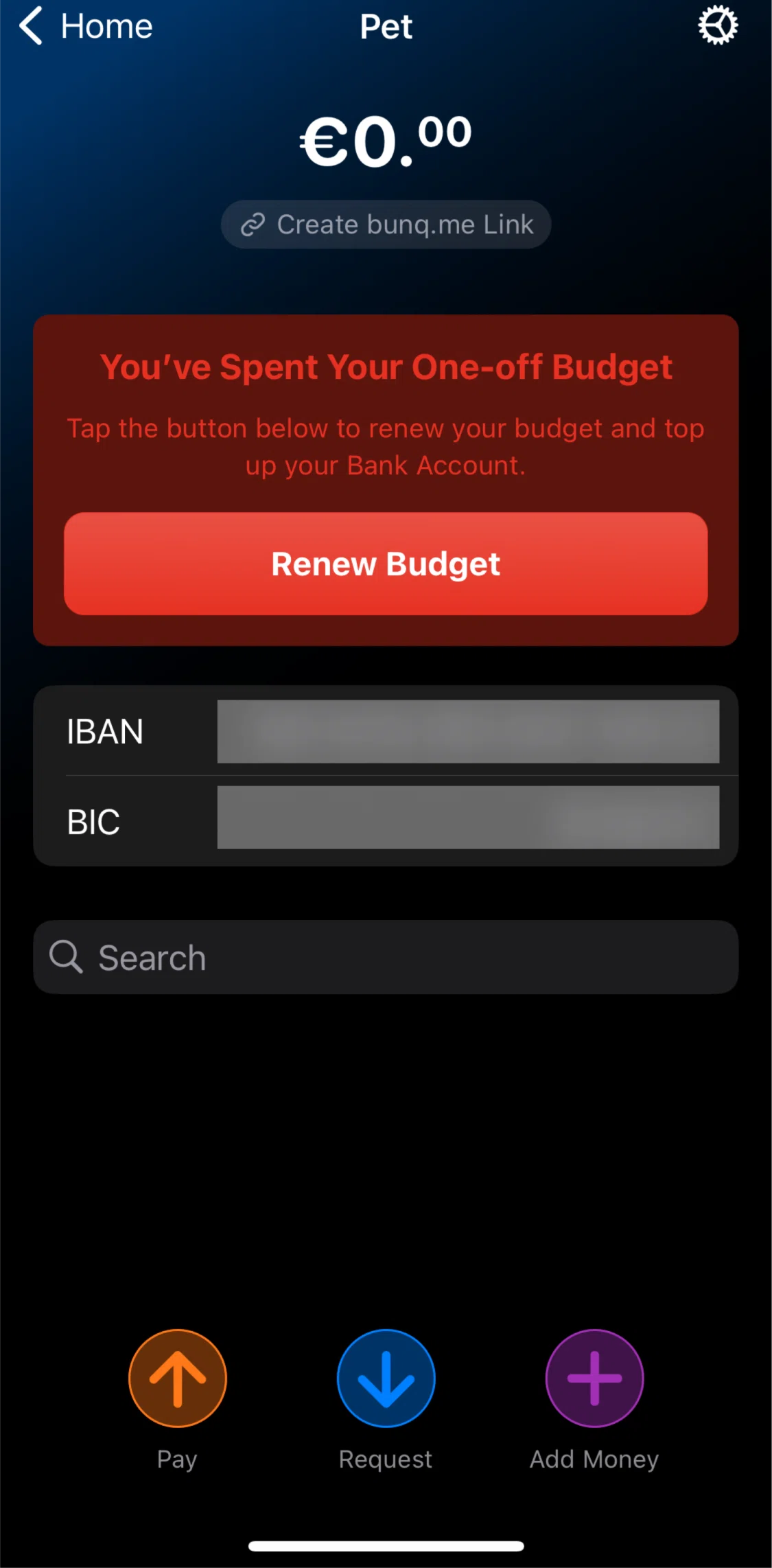 bunq Screen screen in the Creating a payment link flow