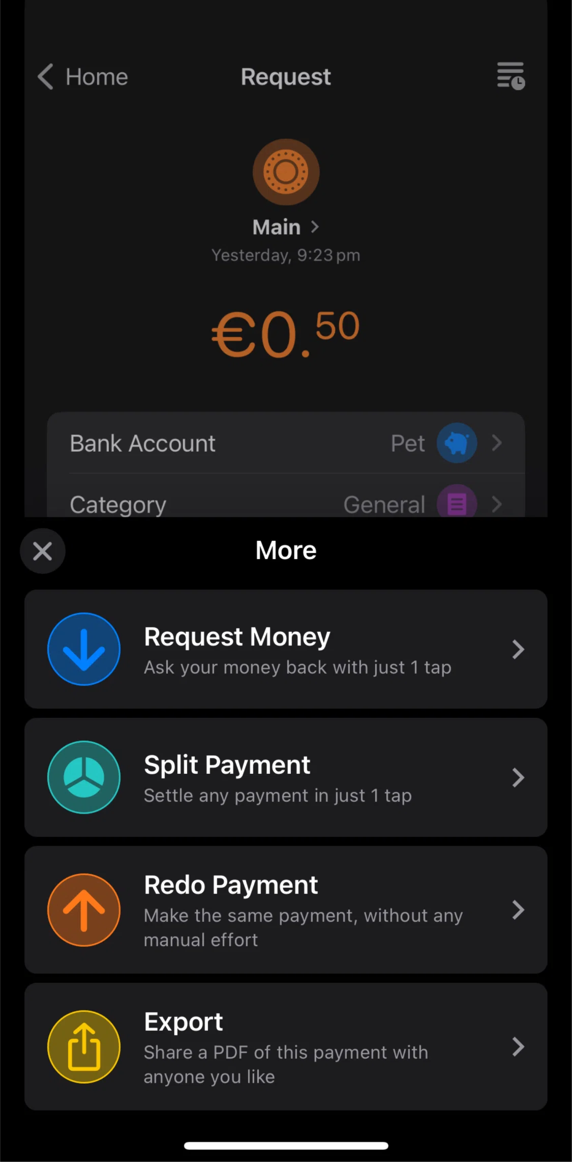 bunq Screen screen in the Exporting a payment flow