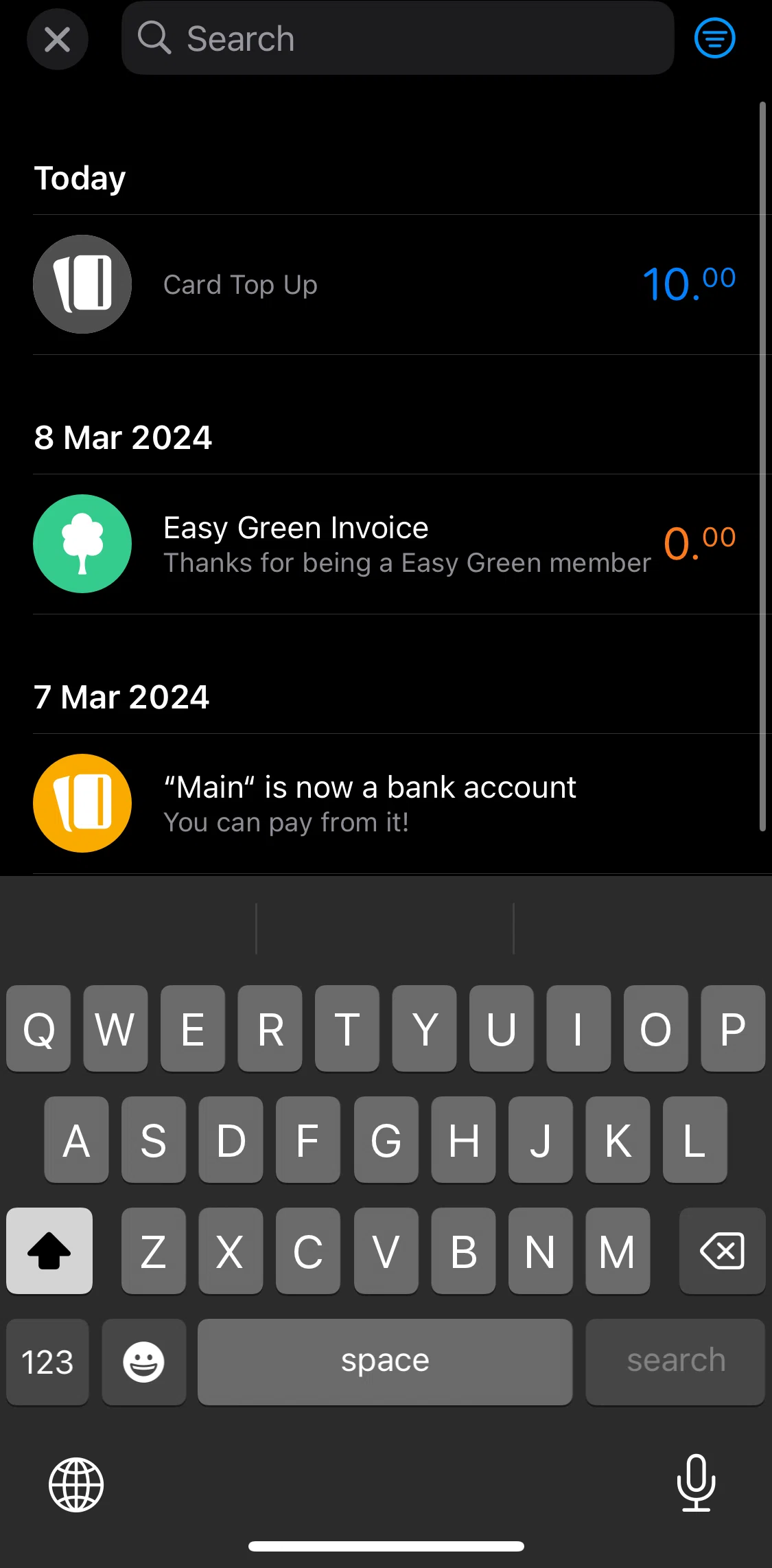 bunq Screen screen in the Filtering activities flow