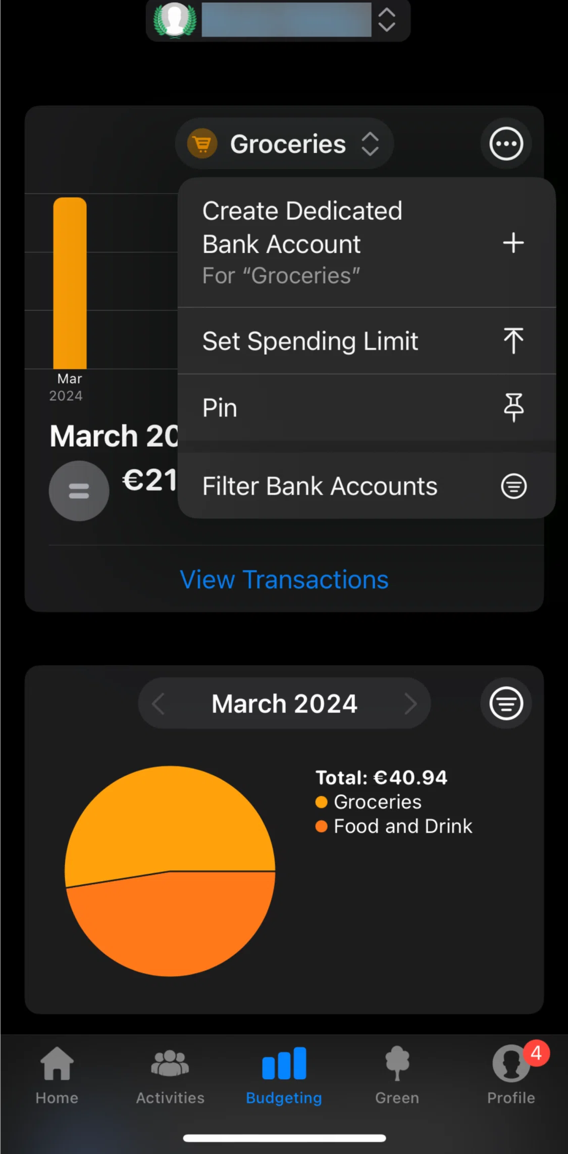 bunq Screen screen in the Pinning a budget flow