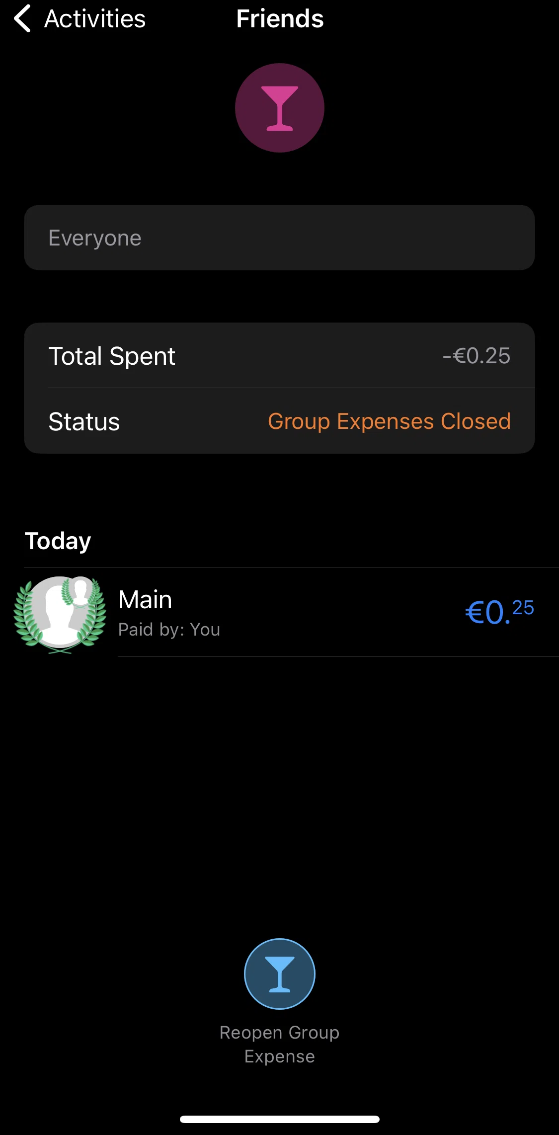 bunq Screen screen in the Reopening a group expense flow