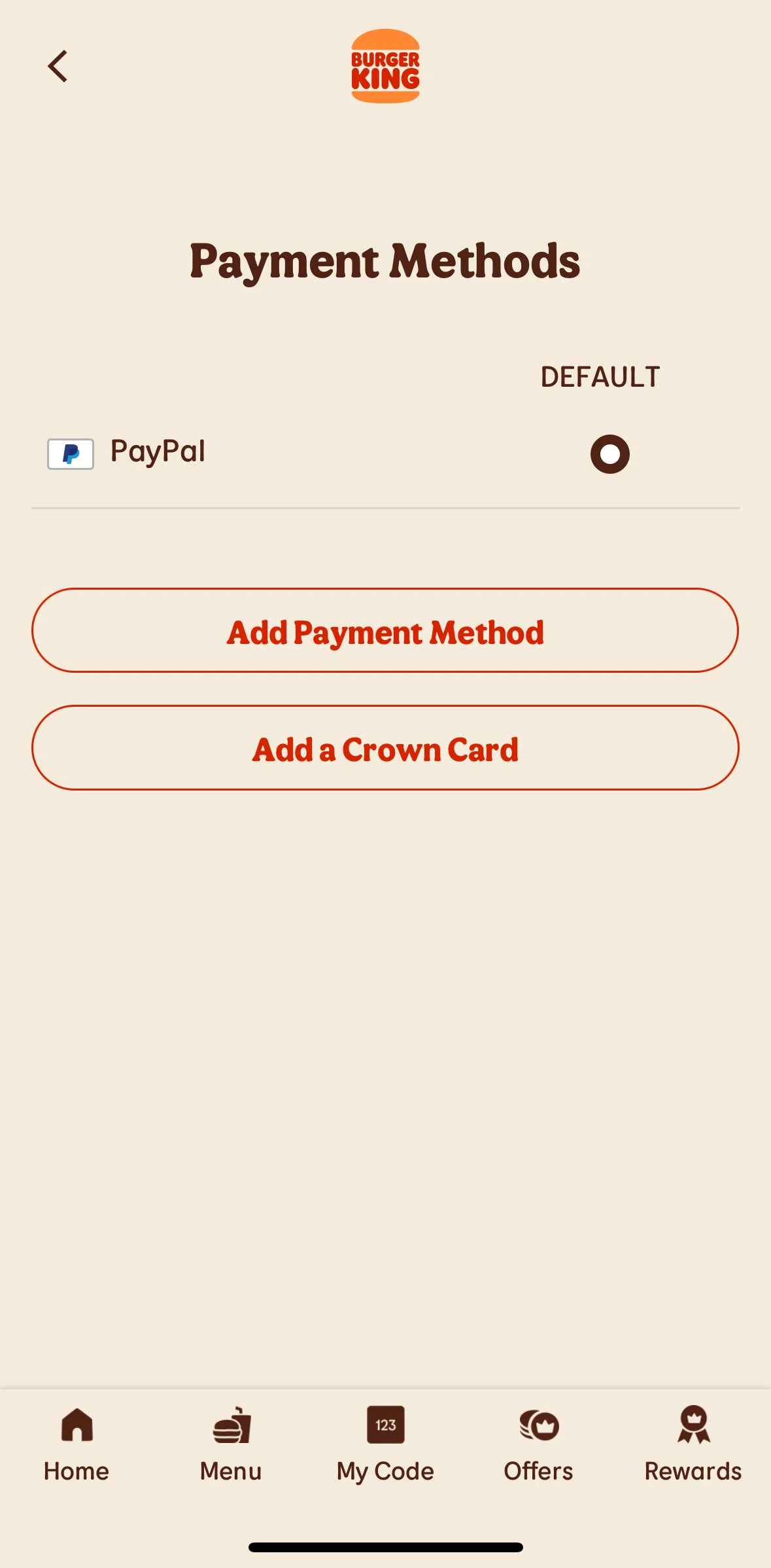 Burger King Screen screen in the Adding a payment method flow