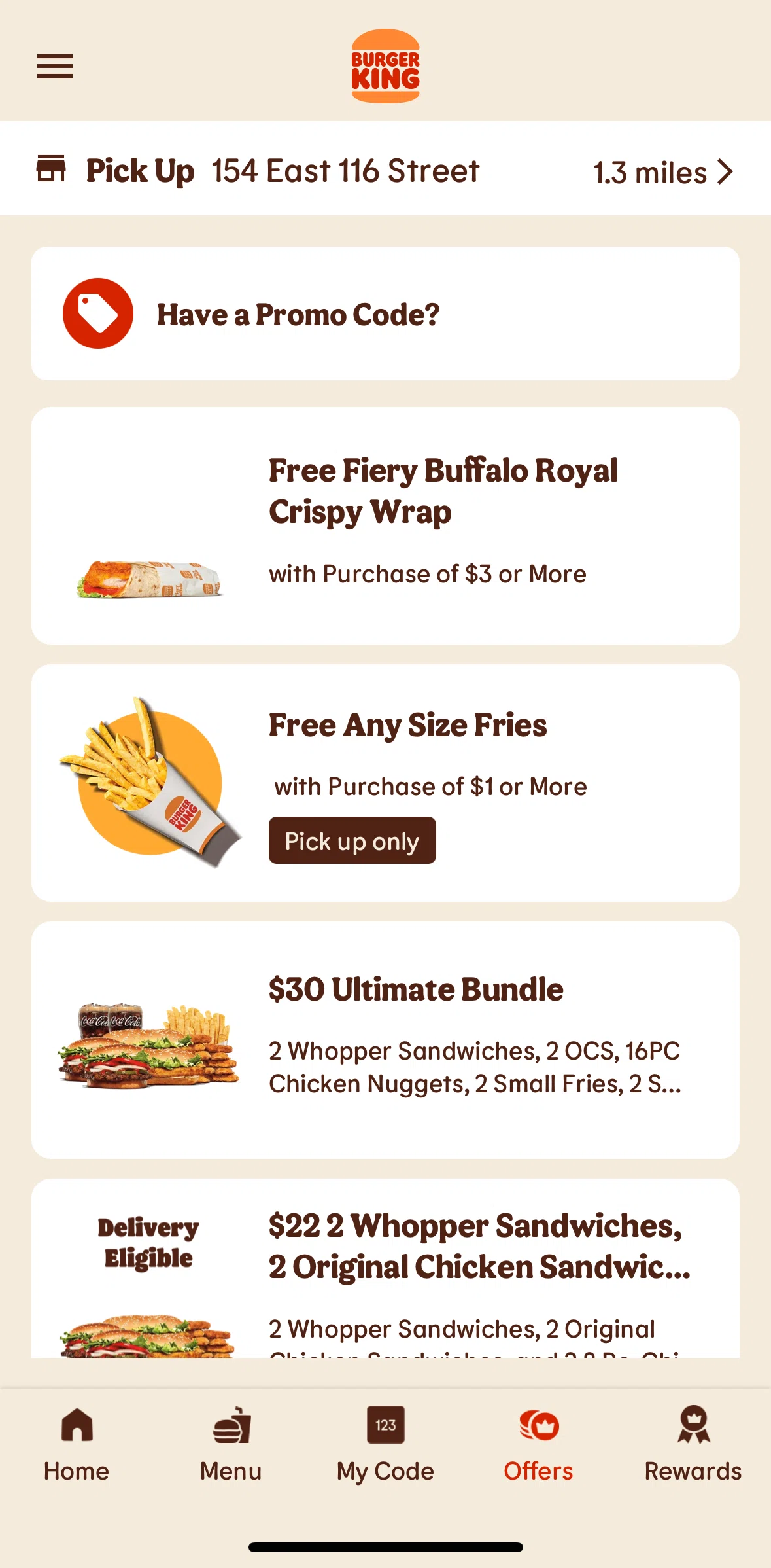 Burger King Screen screen in the Adding an offer to cart flow