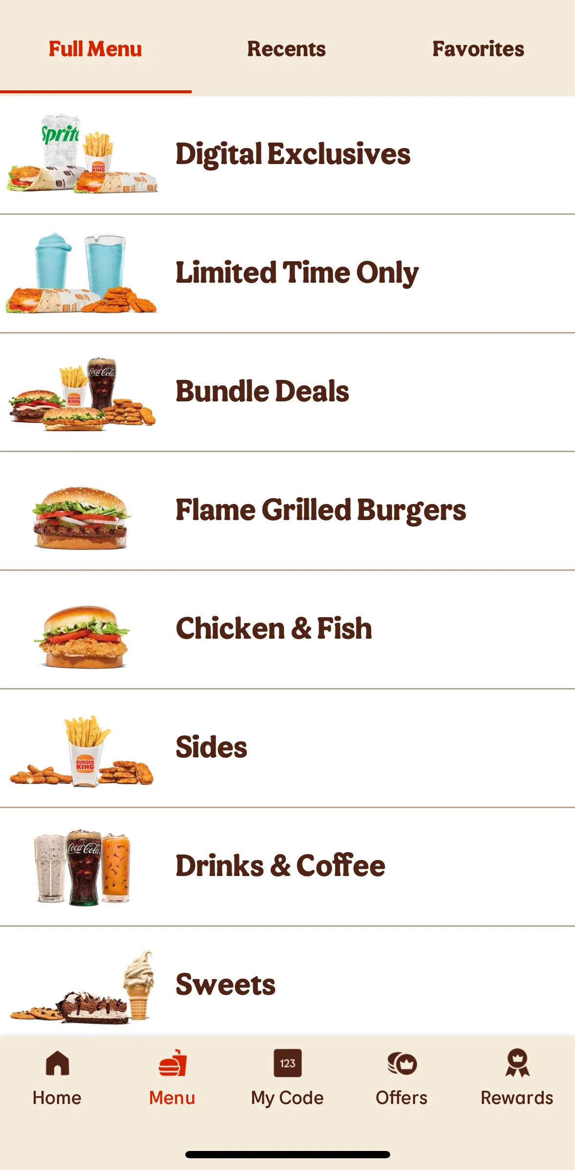 Burger King Screen screen in the Browse menu flow