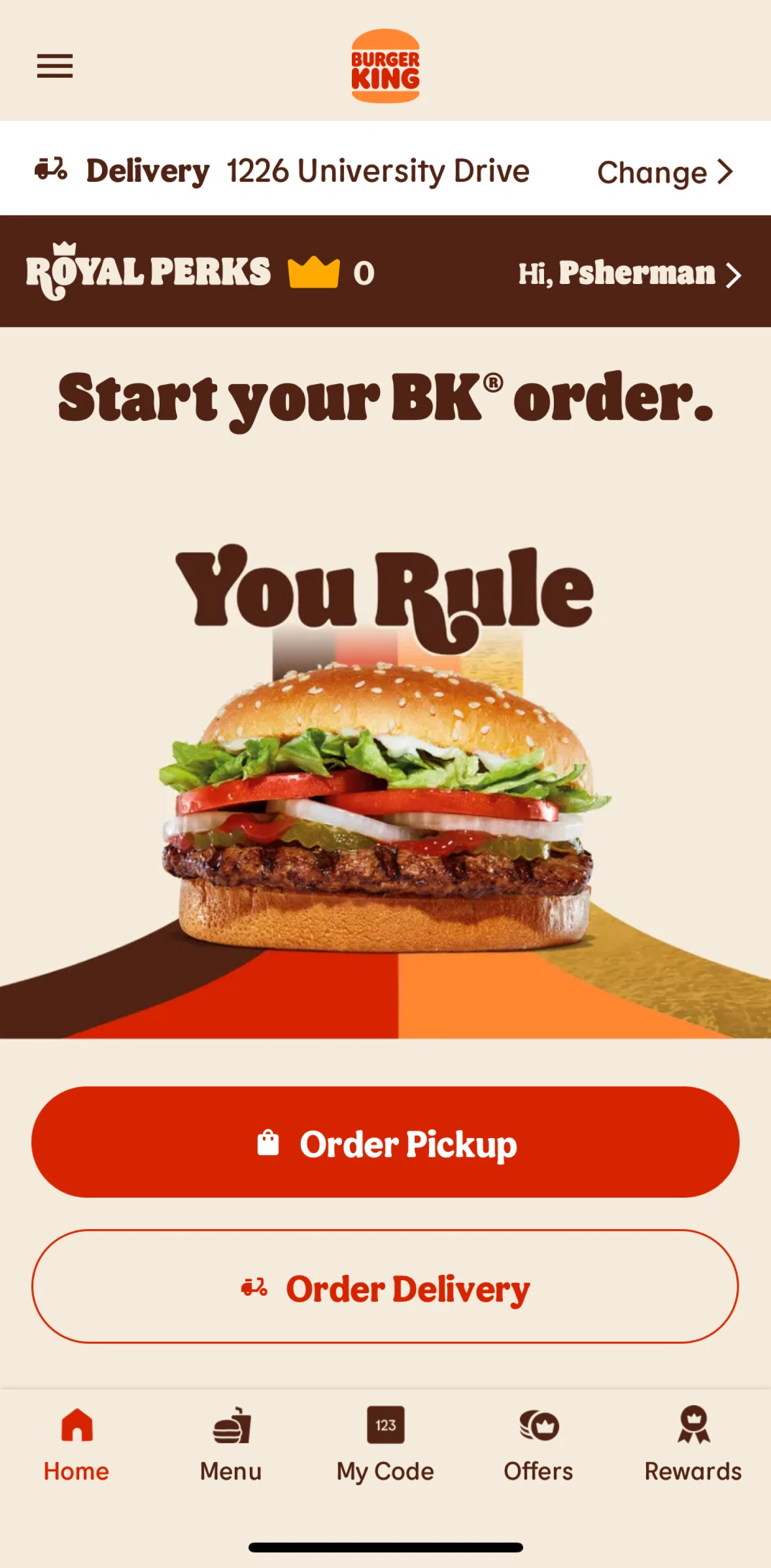 Burger King Screen screen in the Changing delivery address flow