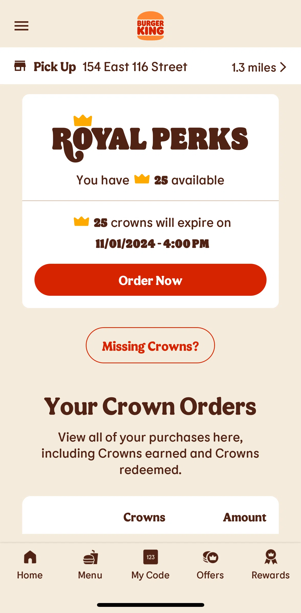Burger King Screen screen in the Collect Crowns flow