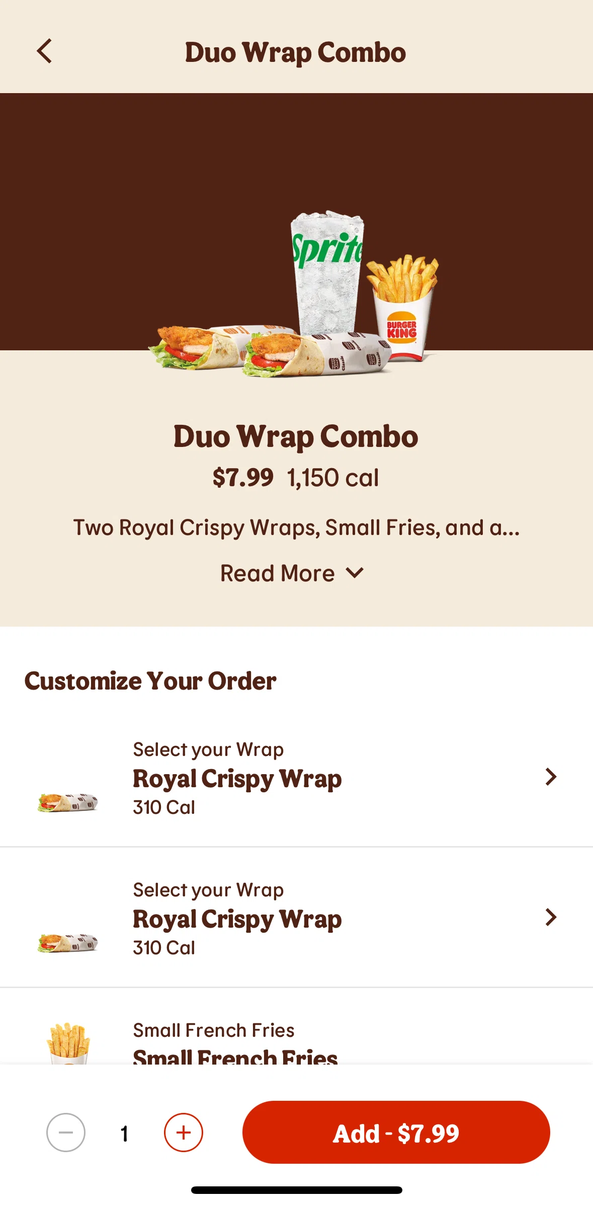 Burger King Screen screen in the Customizing my order flow