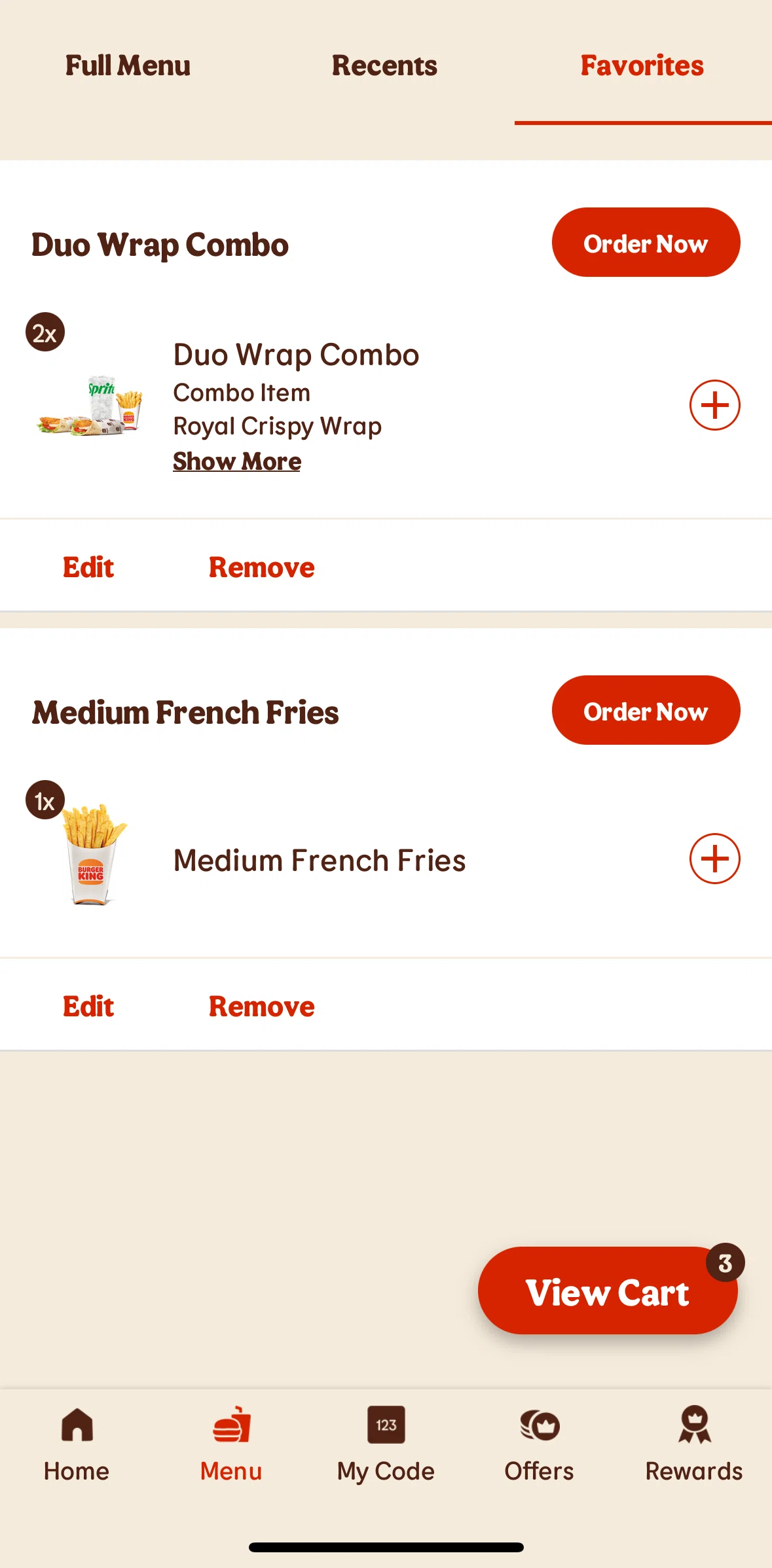 Burger King Screen screen in the Editing an order flow