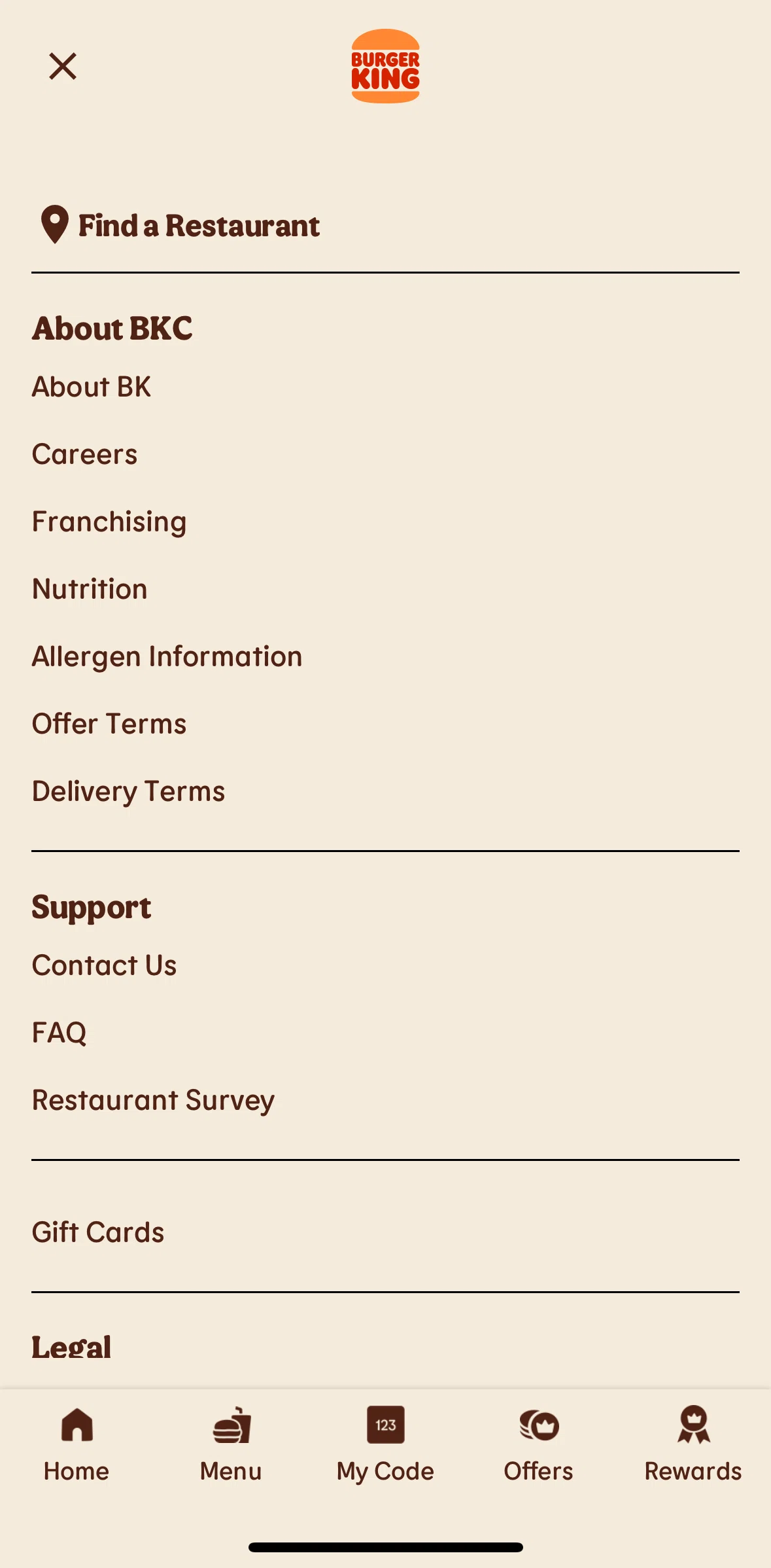 Burger King Screen screen in the FAQ flow
