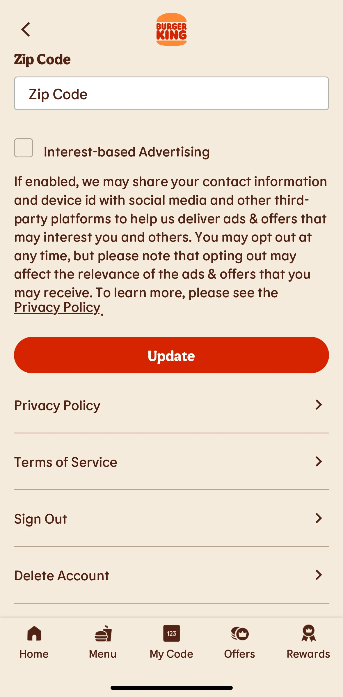 Burger King Screen screen in the Logging out flow