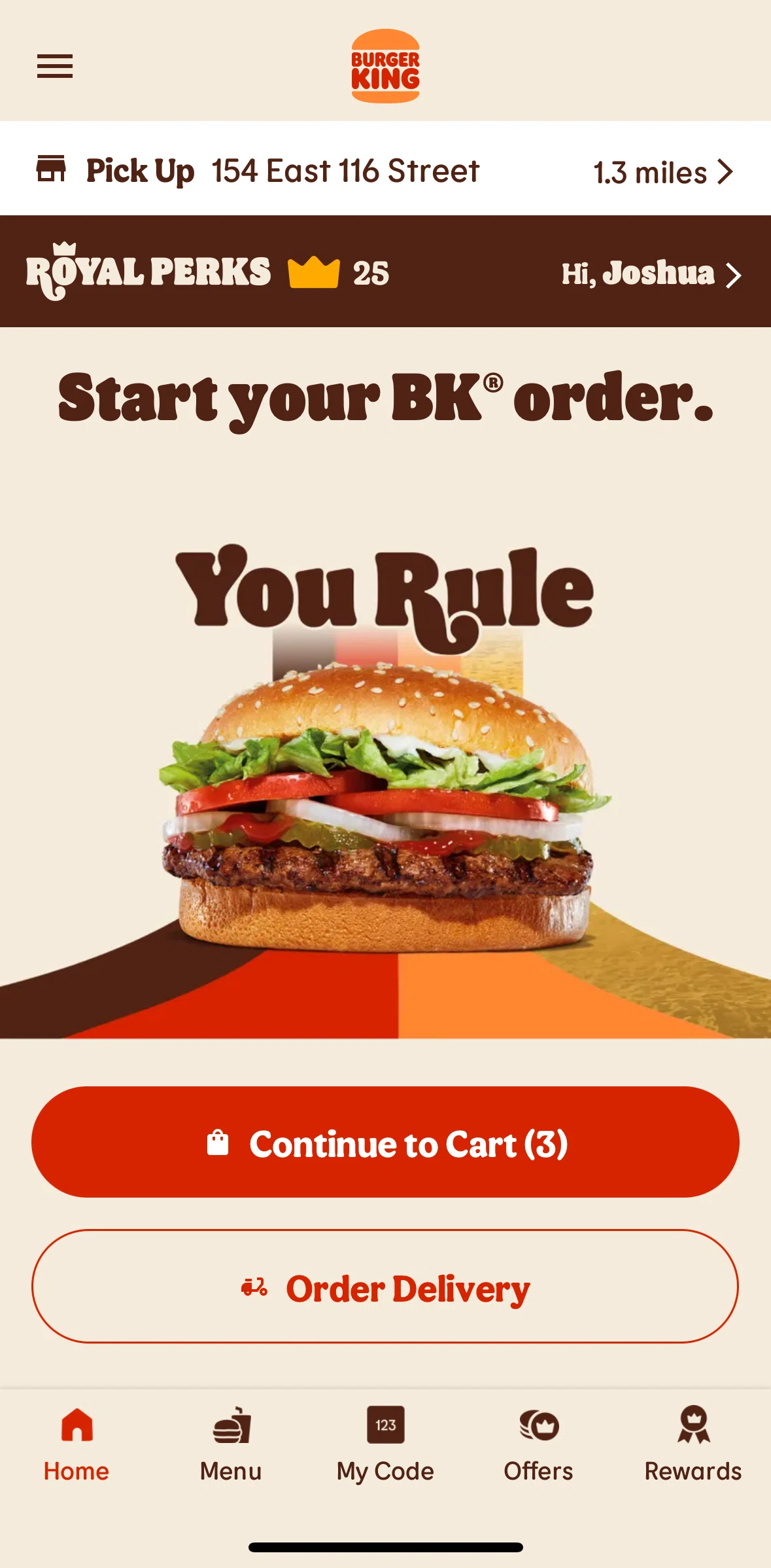Burger King Screen screen in the My code flow