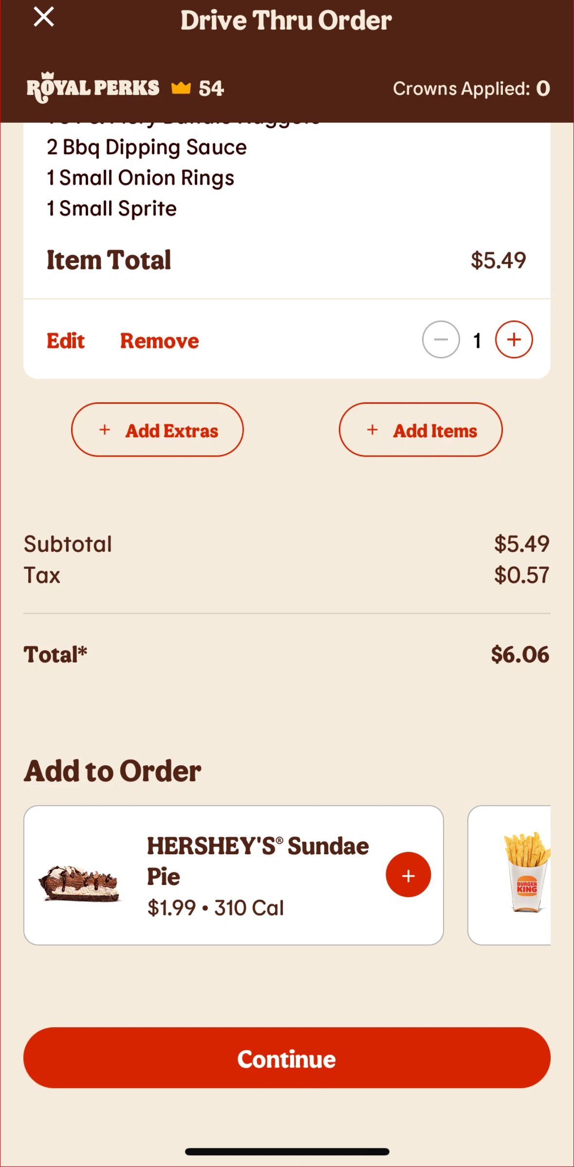 Burger King Screen screen in the Placing a pick up order flow